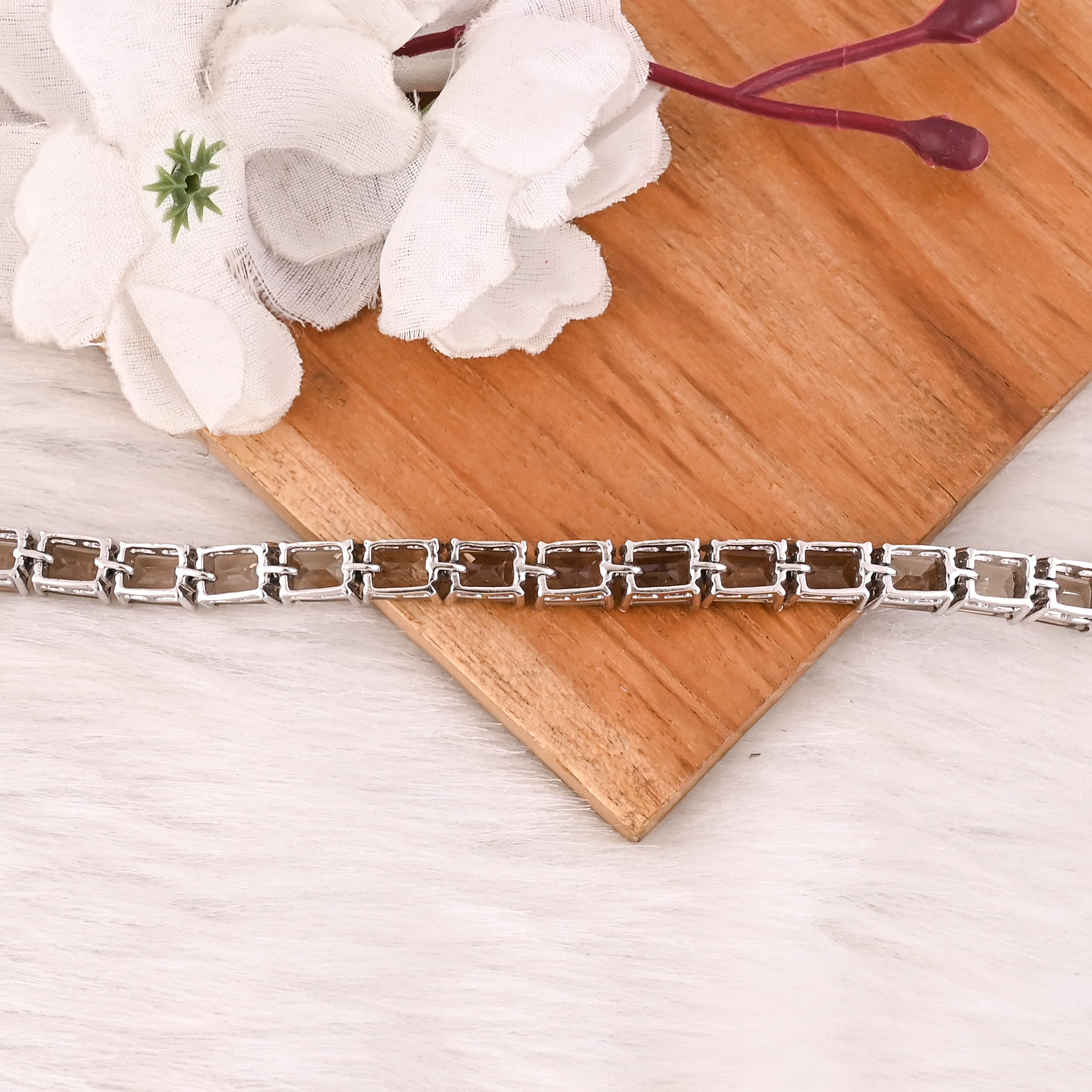 Luxury Natural Smoky Quartz 925 Sterling Silver Tennis Bracelet Jewelry for Unisex