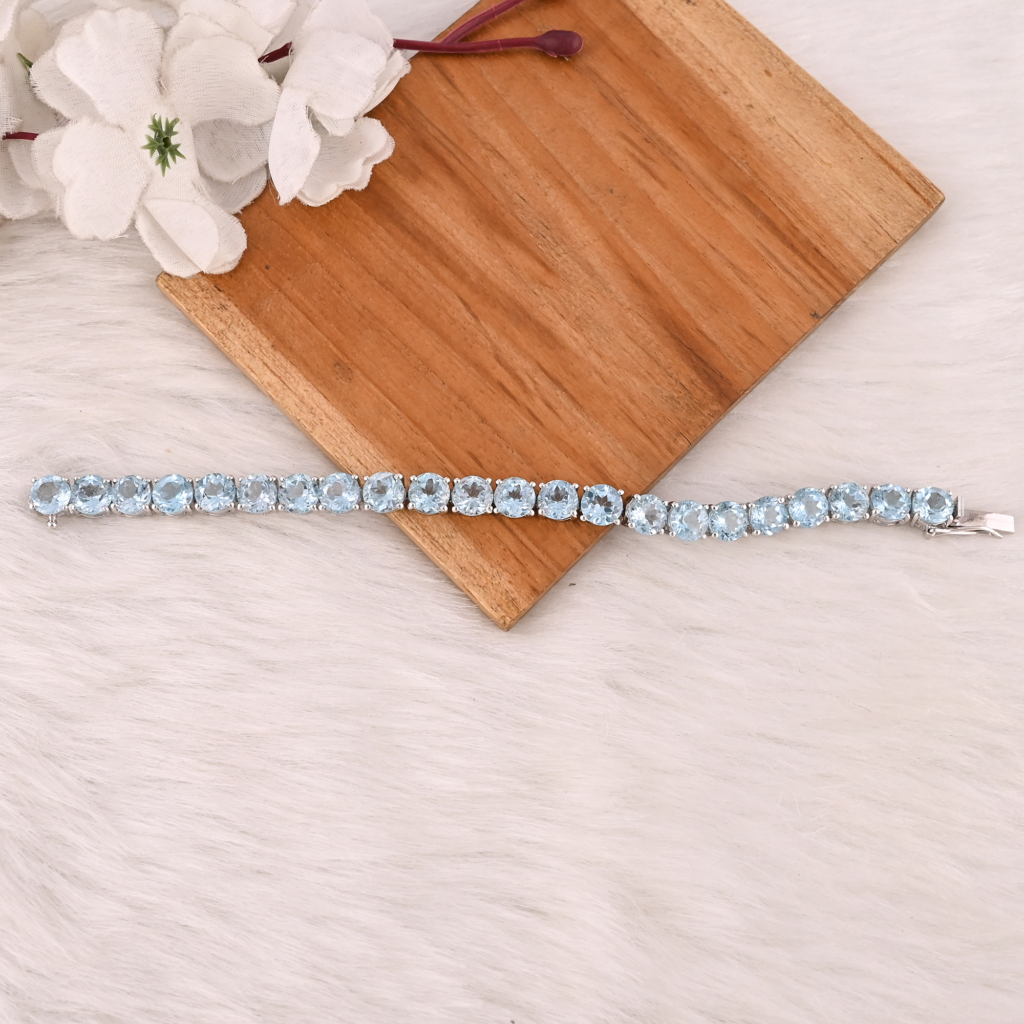 Luxury Natural Blue Topaz Gemstone 925 Sterling Silver Tennis Handmade Bracelet Jewelry for Unisex