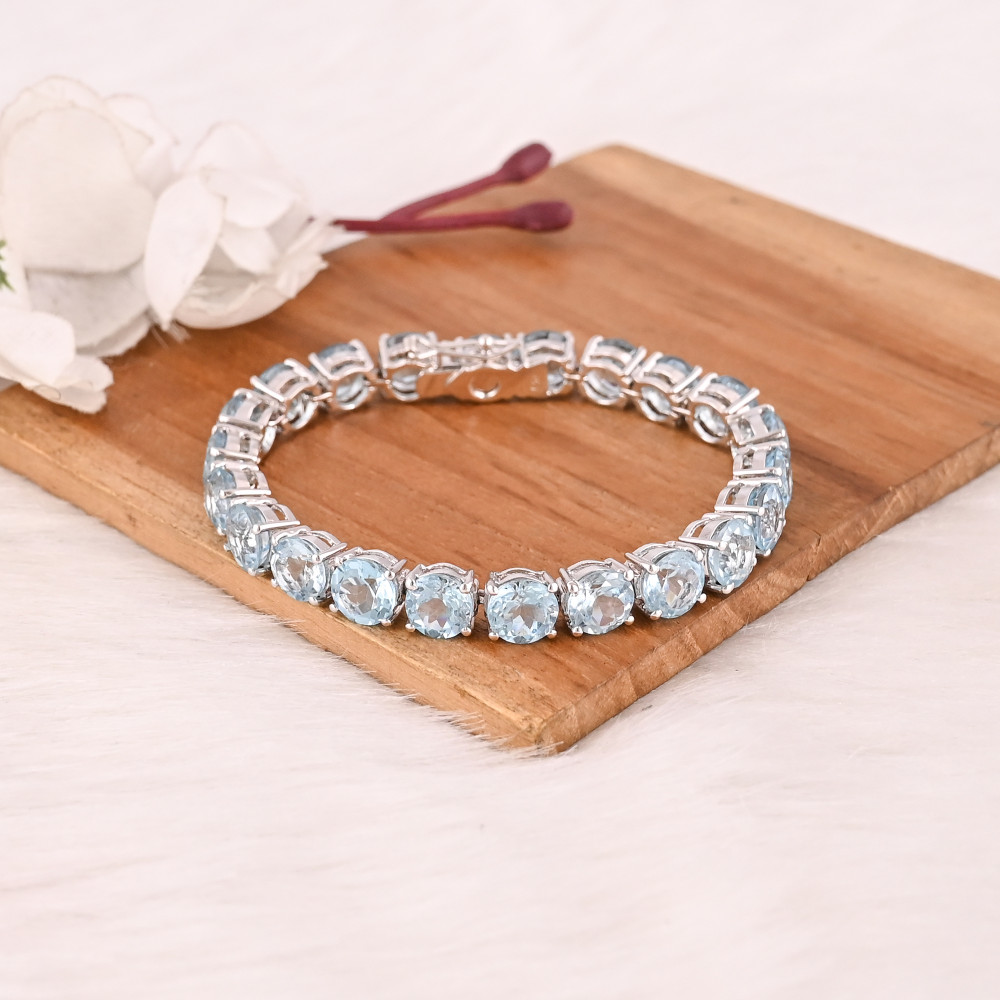 Image of Luxury Natural Blue Topaz Gemstone 925 Sterling Silver Tennis Handmade Bracelet Jewelry for Unisex
