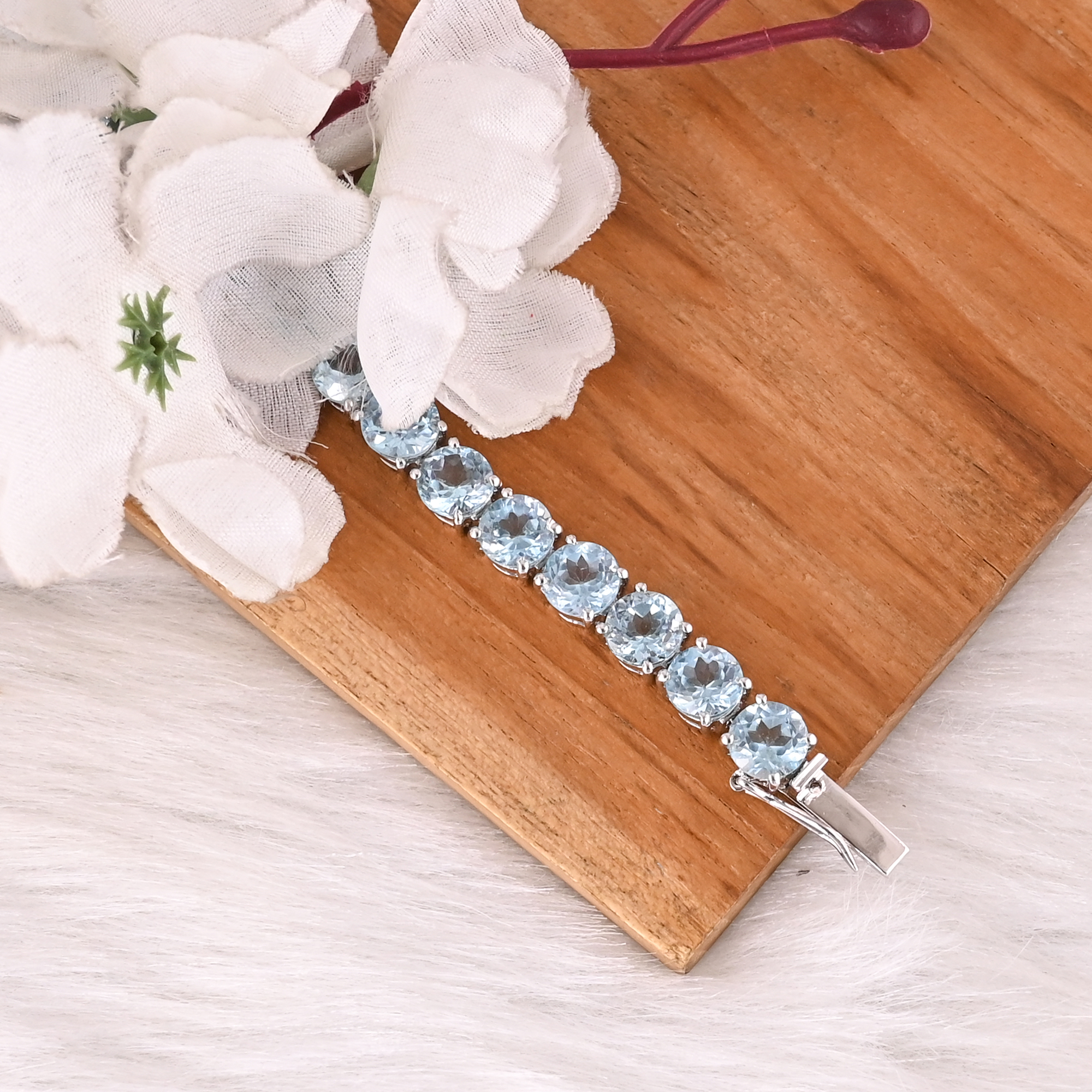 Luxury Natural Blue Topaz Gemstone 925 Sterling Silver Tennis Handmade Bracelet Jewelry for Unisex