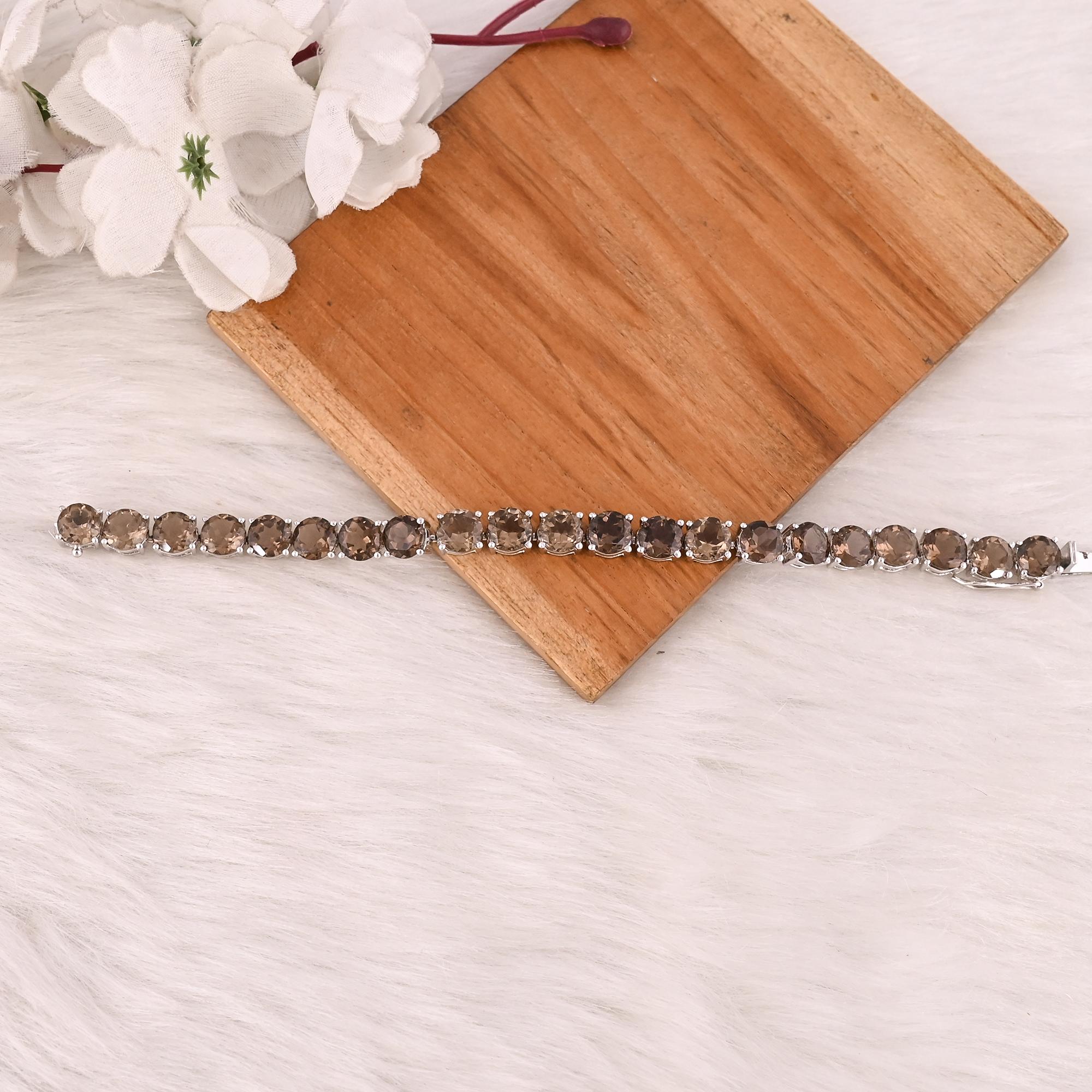 Luxury Natural Smoky Quartz 925 Sterling Silver Tennis Bracelet Jewelry for Unisex