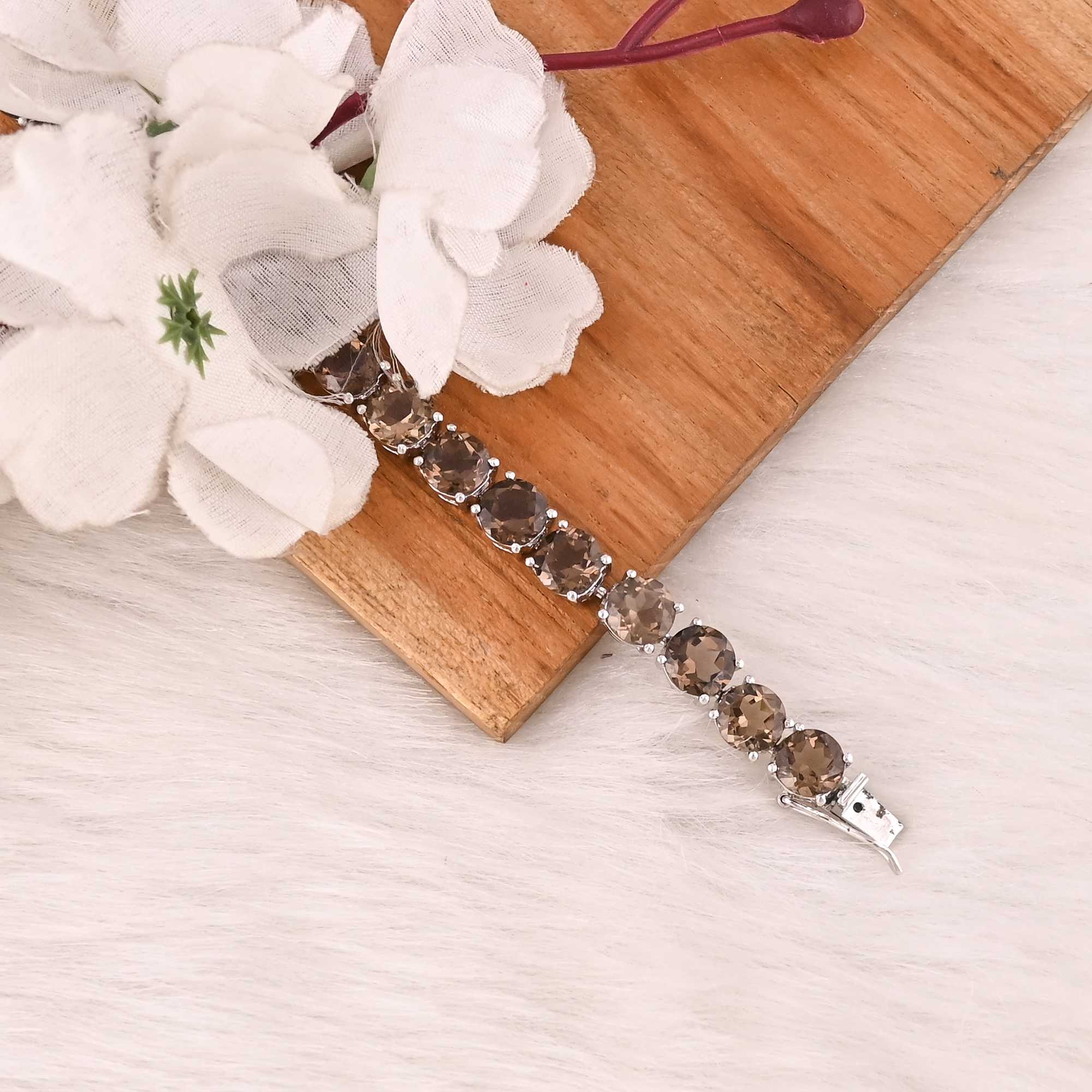 Luxury Natural Smoky Quartz 925 Sterling Silver Tennis Bracelet Jewelry for Unisex
