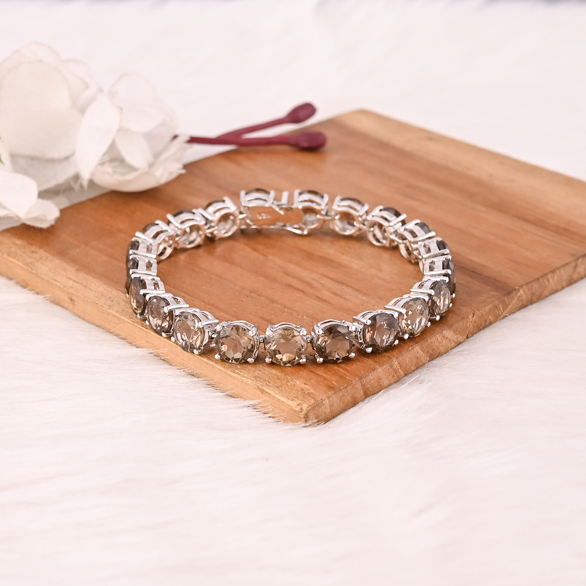 Luxury Natural Smoky Quartz 925 Sterling Silver Tennis Bracelet Jewelry for Unisex