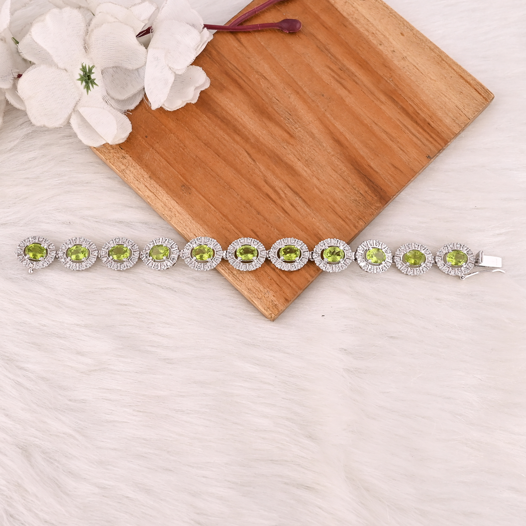 Premium Natural Green Peridot  CZ Bracelet in 925 Sterling Silver Handmade Luxury Jewelry Women  Men