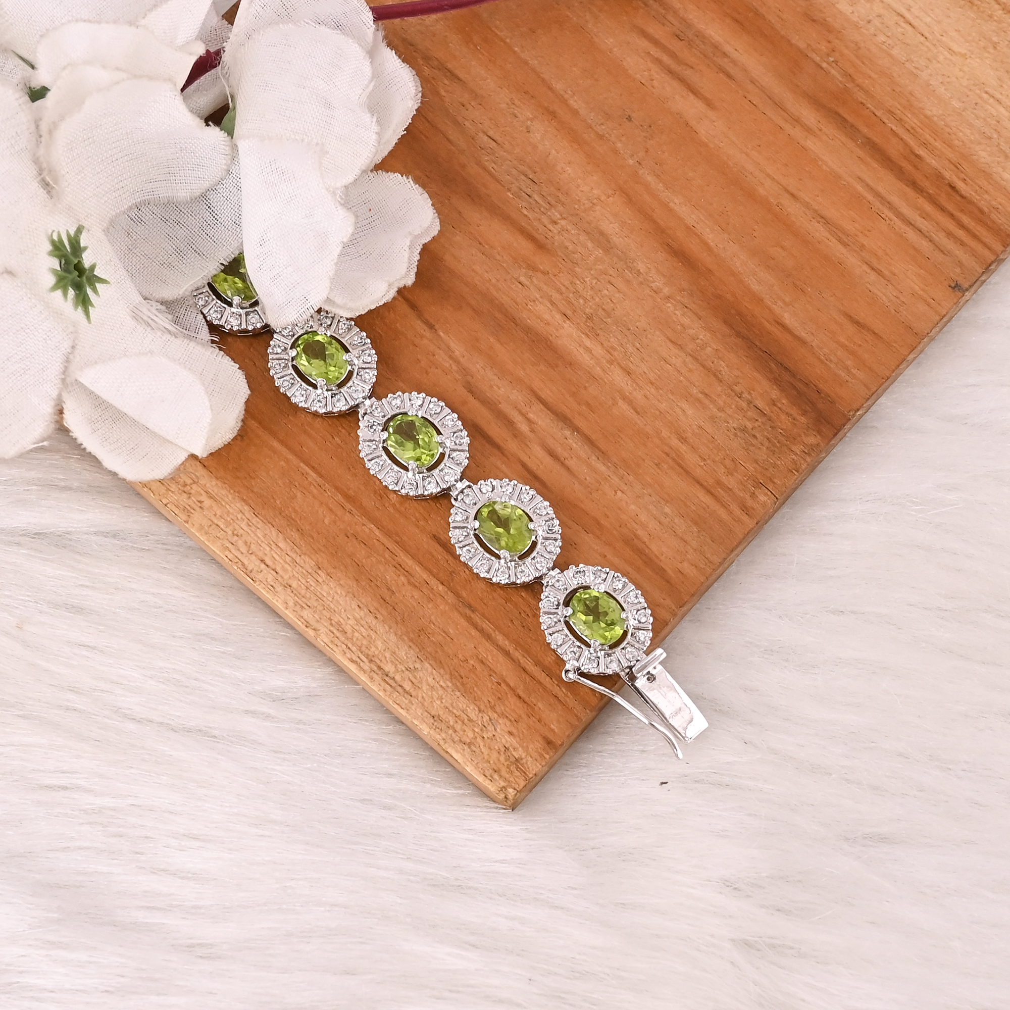 Premium Natural Green Peridot  CZ Bracelet in 925 Sterling Silver Handmade Luxury Jewelry Women  Men