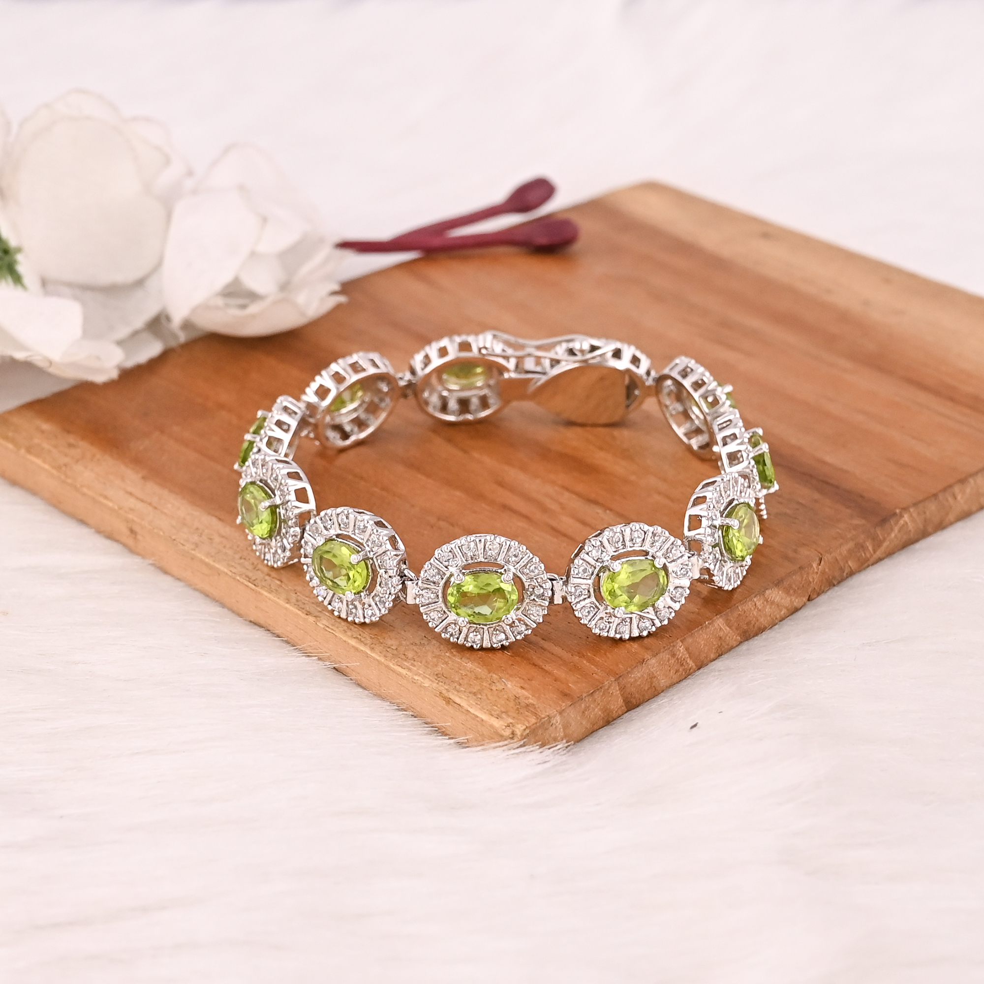 Premium Natural Green Peridot  CZ Bracelet in 925 Sterling Silver Handmade Luxury Jewelry Women  Men