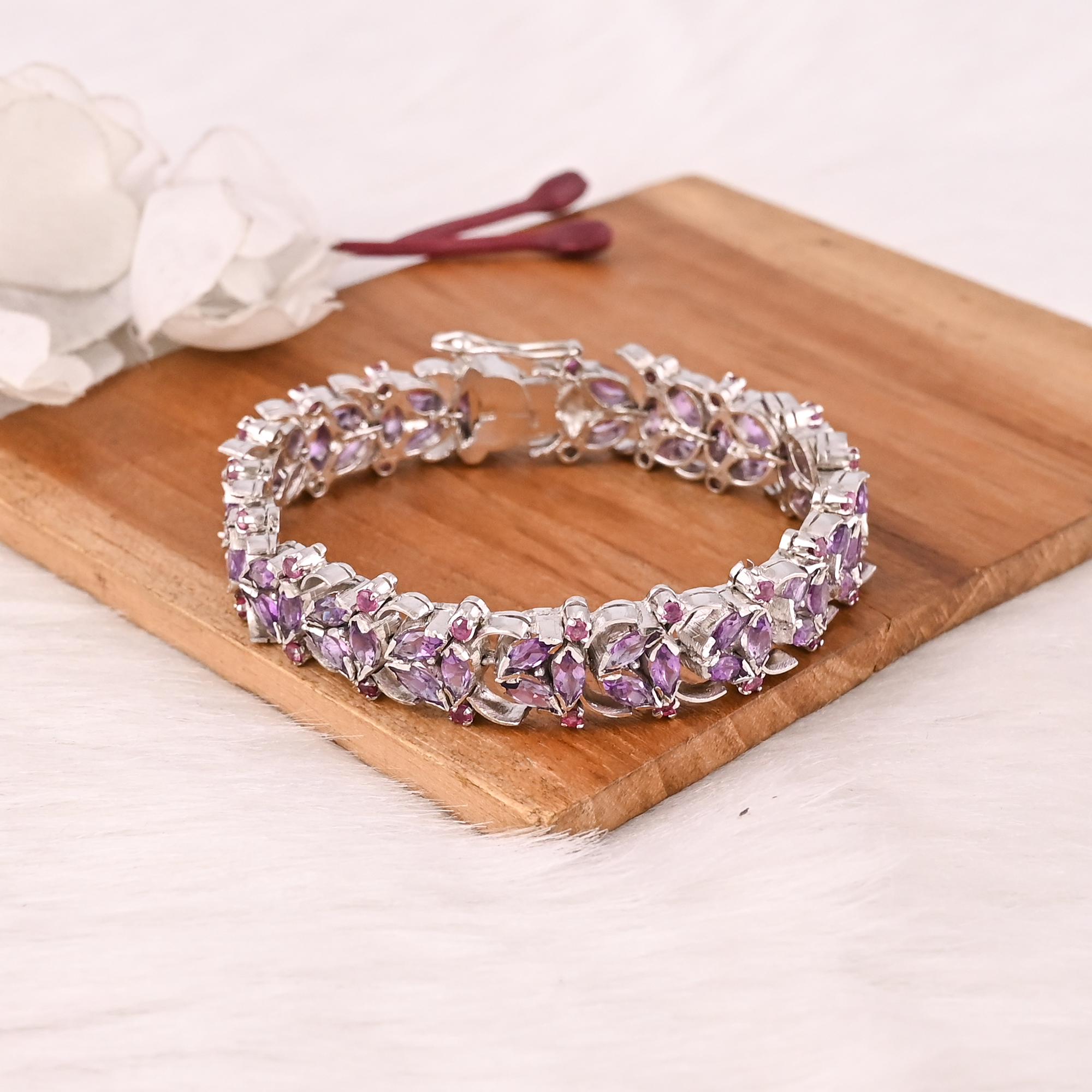 Luxury Purple Amethyst  Garnet Tennis Bracelet Handmade 925 Silver Jewelry for Unisex
