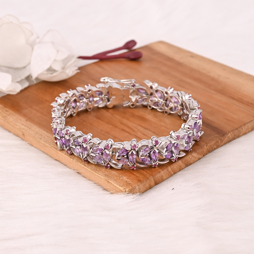 Image of Luxury Purple Amethyst &amp; Garnet Tennis Bracelet Handmade 925 Silver Jewelry for Unisex