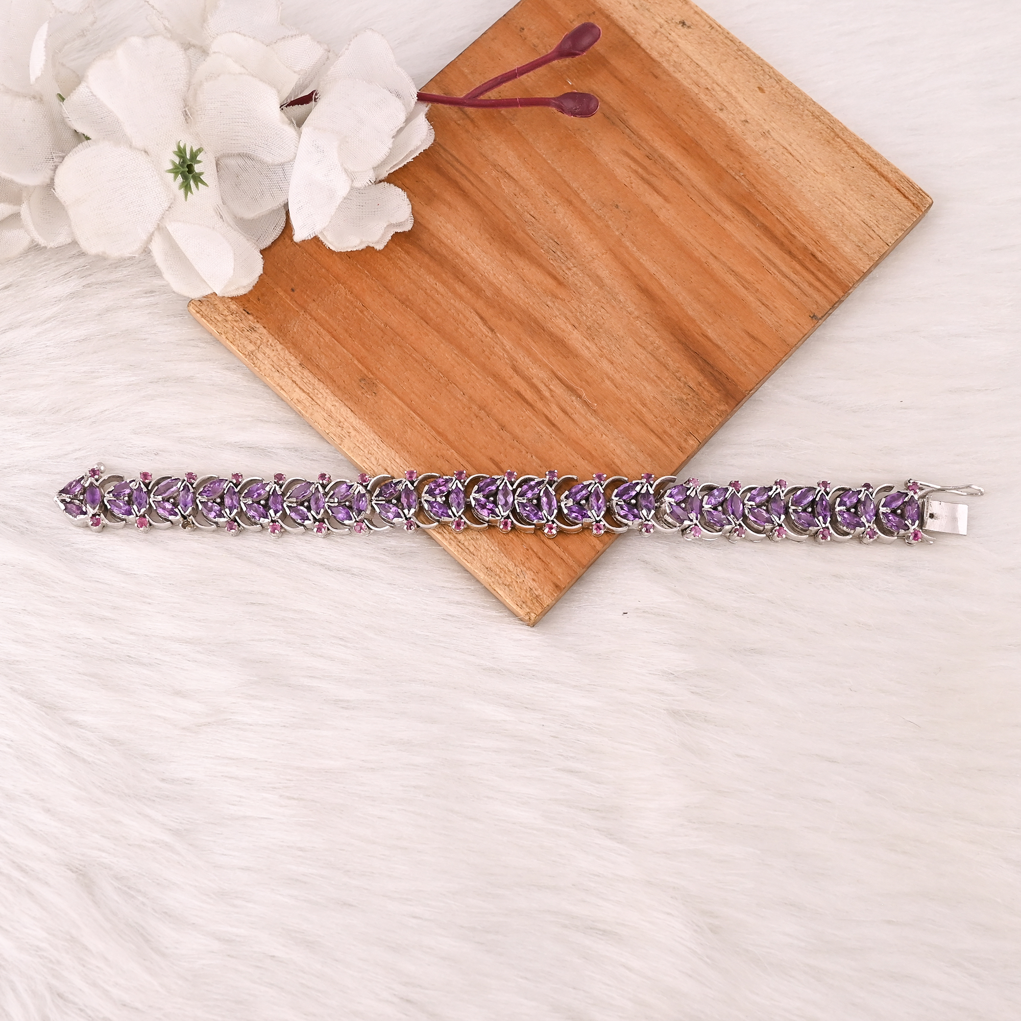 Luxury Purple Amethyst  Garnet Tennis Bracelet Handmade 925 Silver Jewelry for Unisex