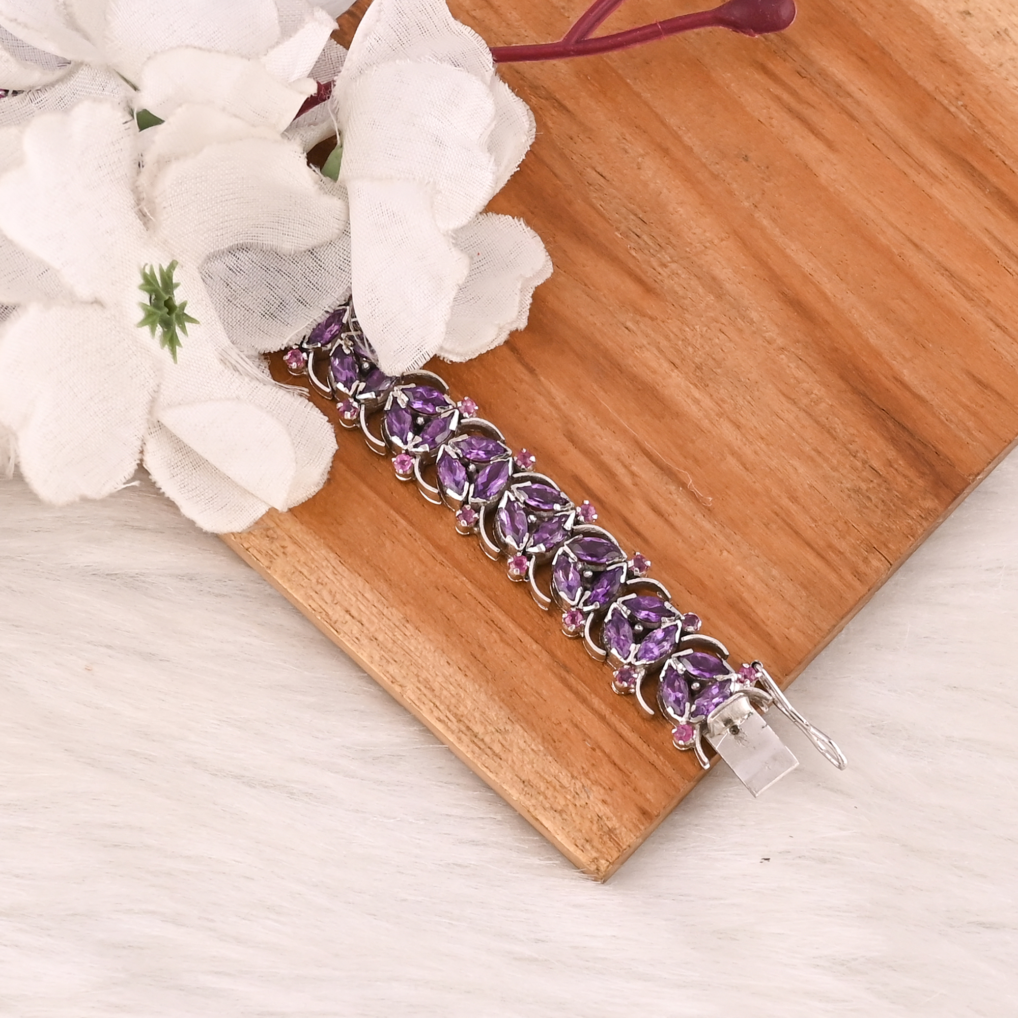 Luxury Purple Amethyst  Garnet Tennis Bracelet Handmade 925 Silver Jewelry for Unisex
