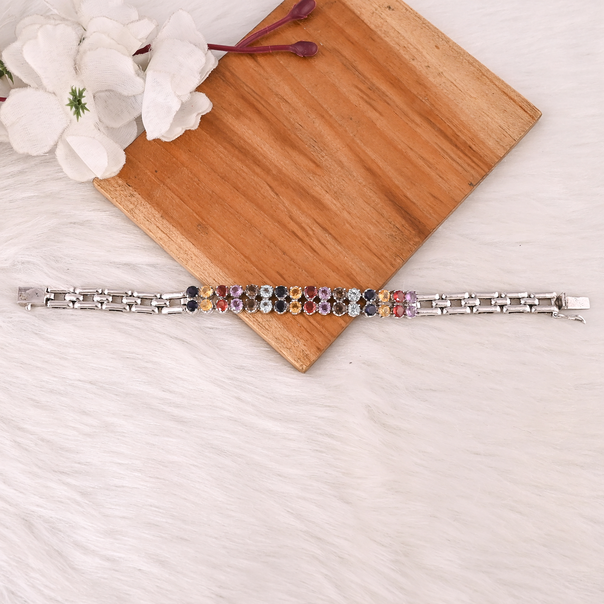 Luxury Gemstone Bracelet with Black Onyx Citrine Smoky Quartz Sky Blue Topaz Garnet  Amethyst 925 Sterling Silver Jewelry