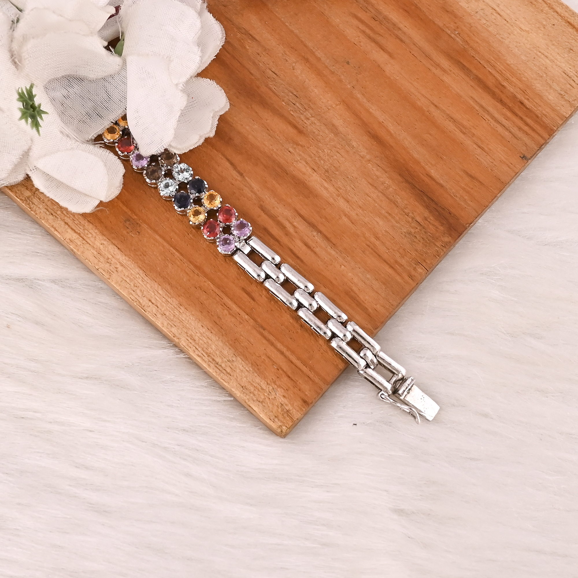 Luxury Gemstone Bracelet with Black Onyx Citrine Smoky Quartz Sky Blue Topaz Garnet  Amethyst 925 Sterling Silver Jewelry