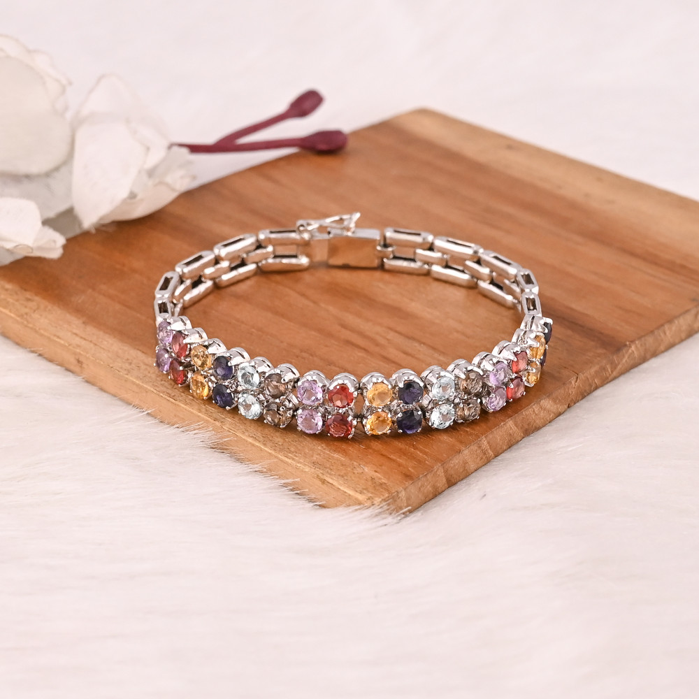 Image of Luxury Gemstone Bracelet with Black Onyx, Citrine, Smoky Quartz, Sky Blue Topaz, Garnet &amp; Amethyst 925 Sterling Silver Jewelry
