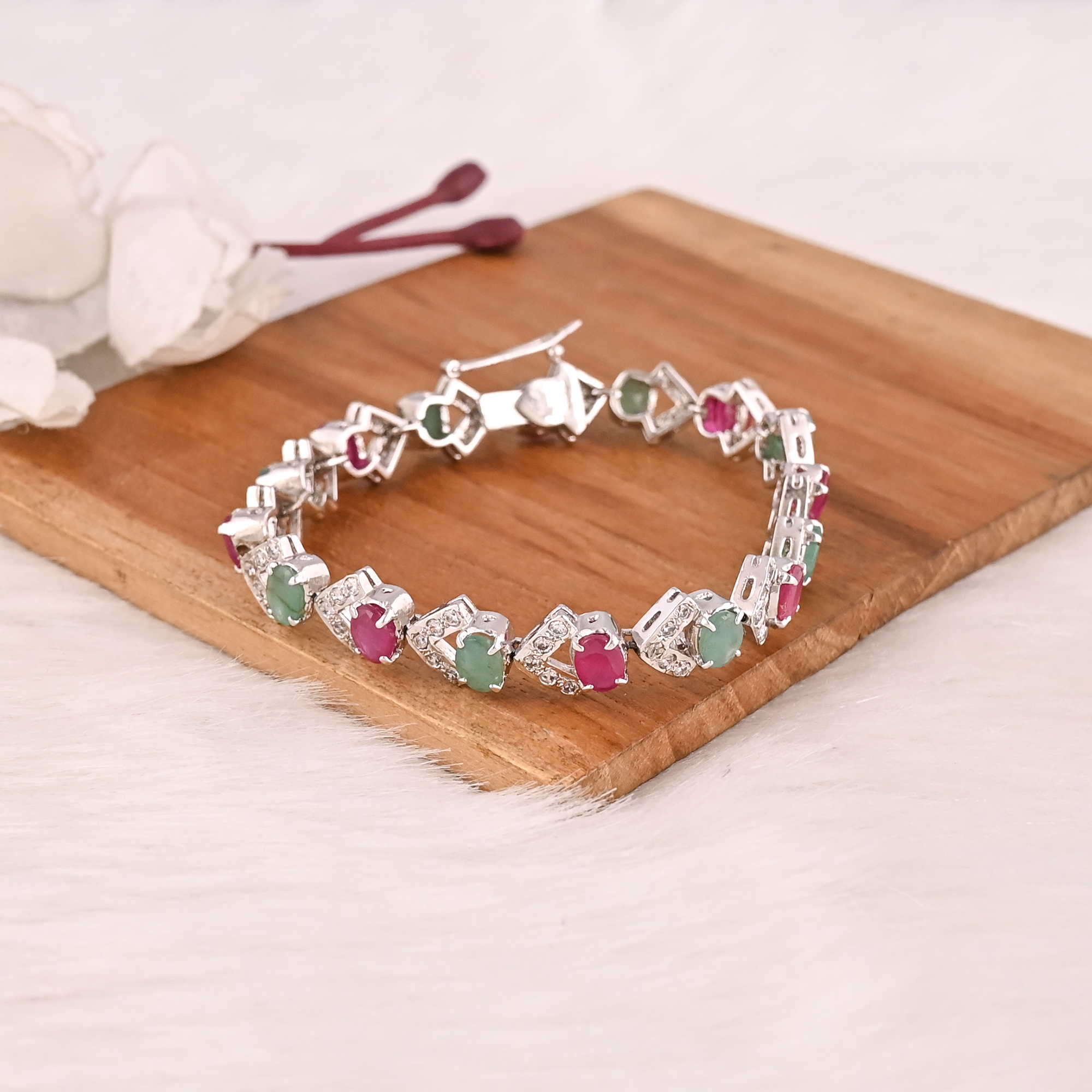 Premium 925 Sterling Silver Glass Filled Ruby Emerald and CZ Tennis Bracelet Luxury Gemstone Jewelry for Unisex