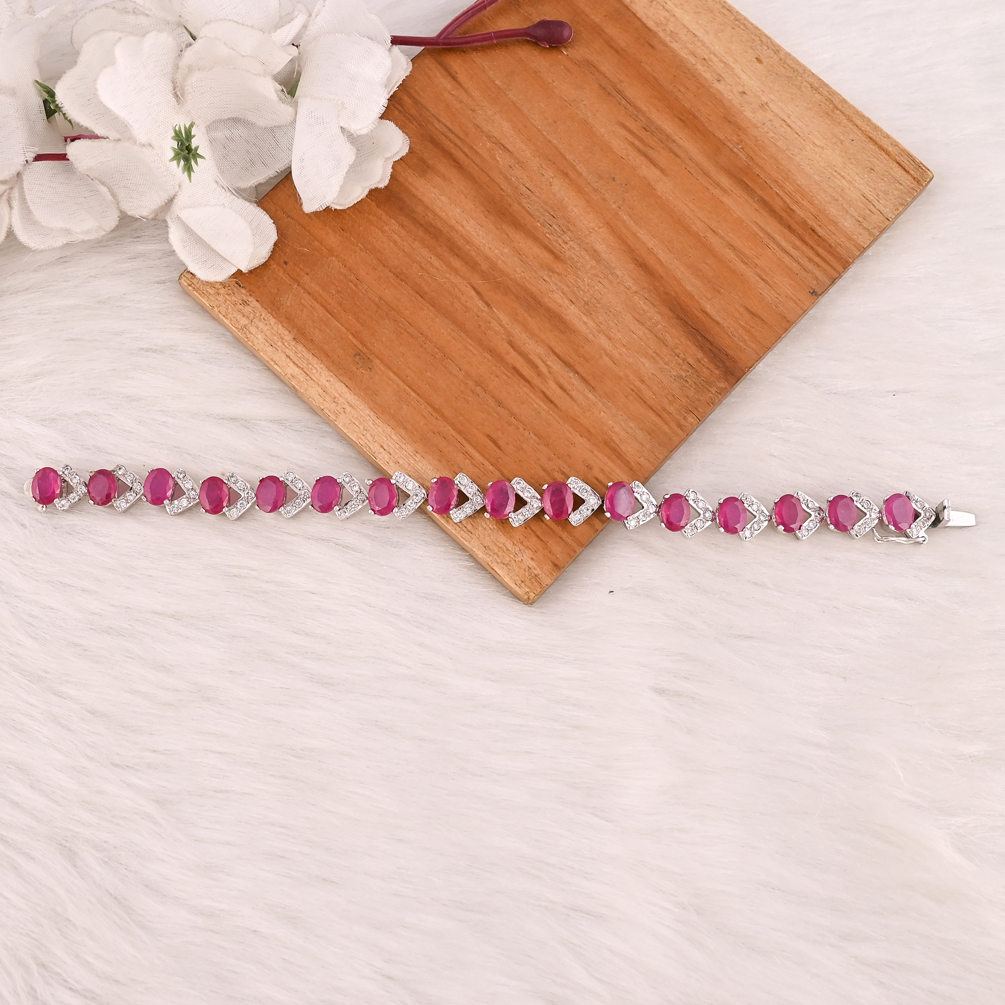 Elegant Glass Filled Ruby  CZ Bracelet in 925 Sterling Silver Handmade Luxury Fashion Jewelry for Unisex