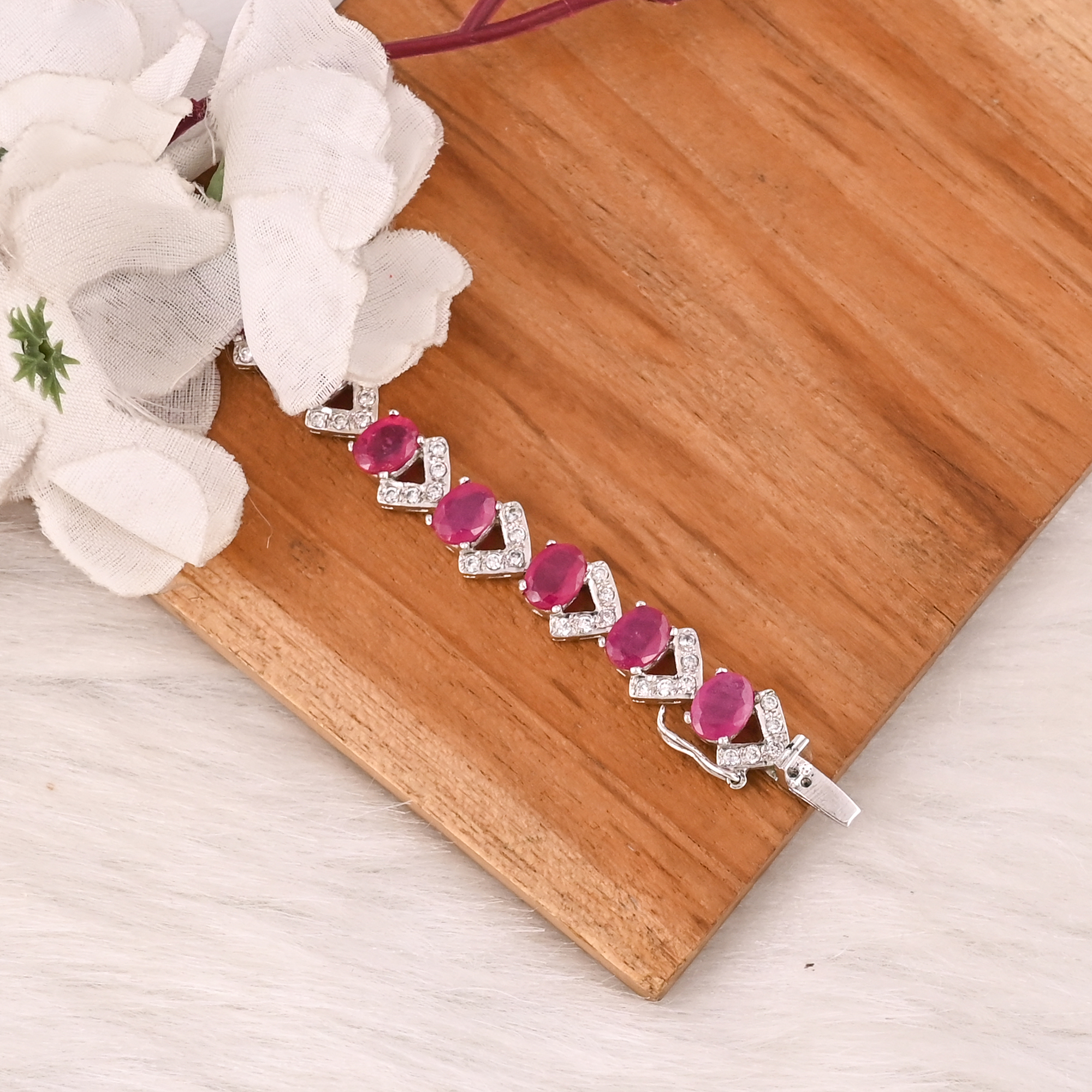 Elegant Glass Filled Ruby  CZ Bracelet in 925 Sterling Silver Handmade Luxury Fashion Jewelry for Unisex