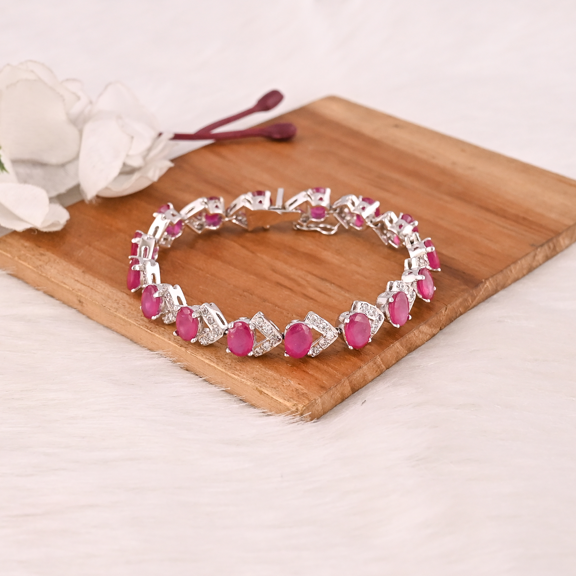 Elegant Glass Filled Ruby  CZ Bracelet in 925 Sterling Silver Handmade Luxury Fashion Jewelry for Unisex