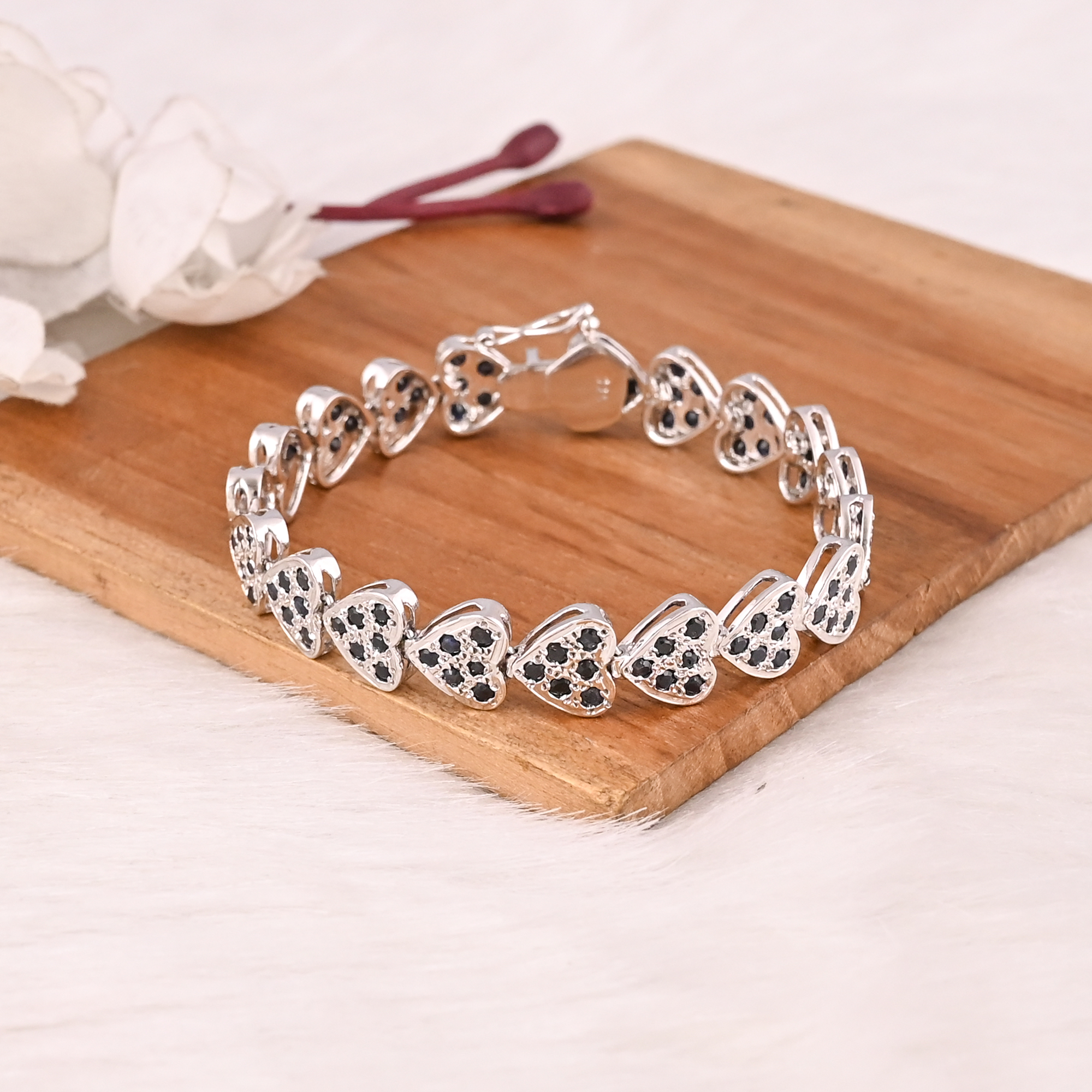 Luxury 925 Sterling Silver Natural Black Onyx  CZ Heart Tennis Bracelet Fine Jewelry for Unisex