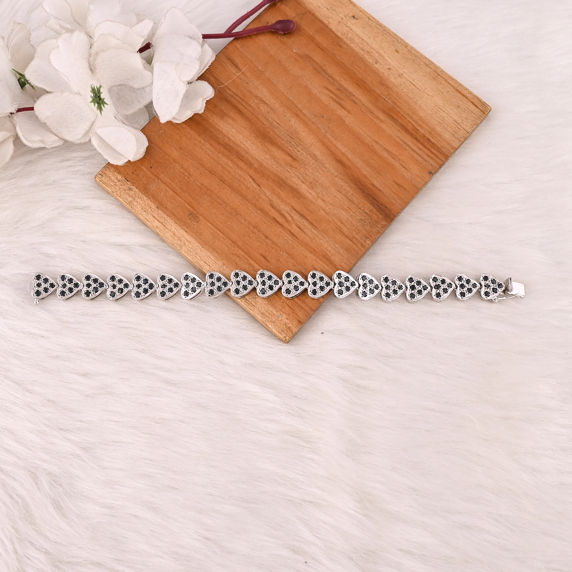 Luxury 925 Sterling Silver Natural Black Onyx  CZ Heart Tennis Bracelet Fine Jewelry for Unisex
