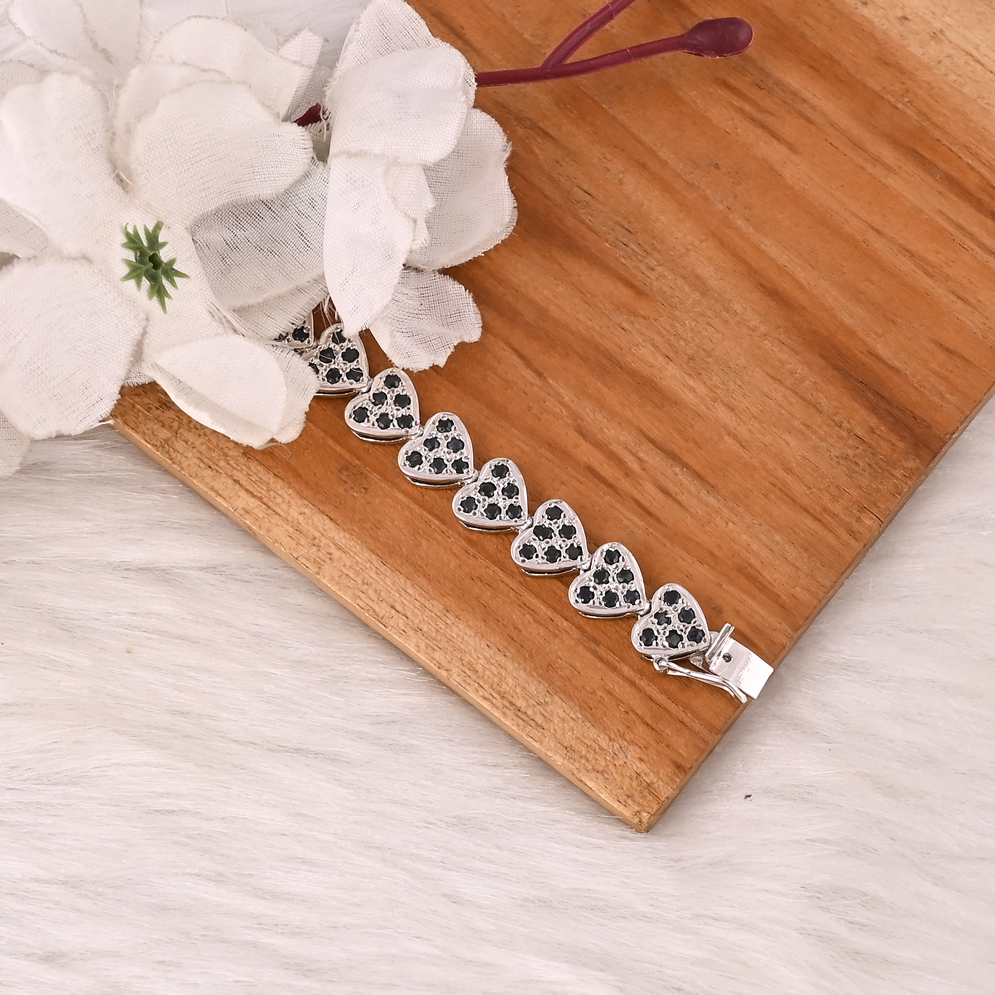 Luxury 925 Sterling Silver Natural Black Onyx  CZ Heart Tennis Bracelet Fine Jewelry for Unisex