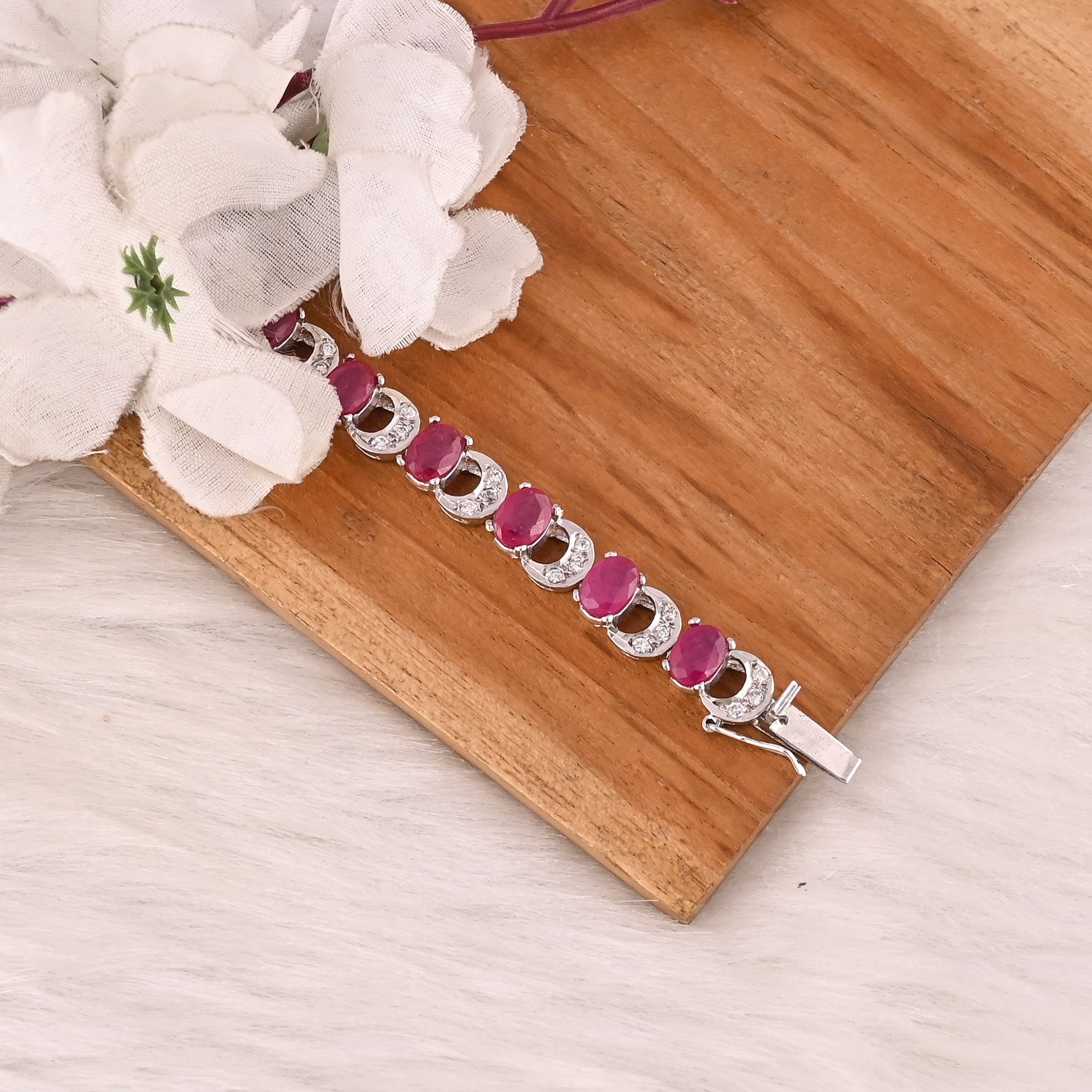Elegant Glass Filled Ruby  CZ Bracelet in 925 Sterling Silver Handmade Luxury Fashion Jewelry for Unisex