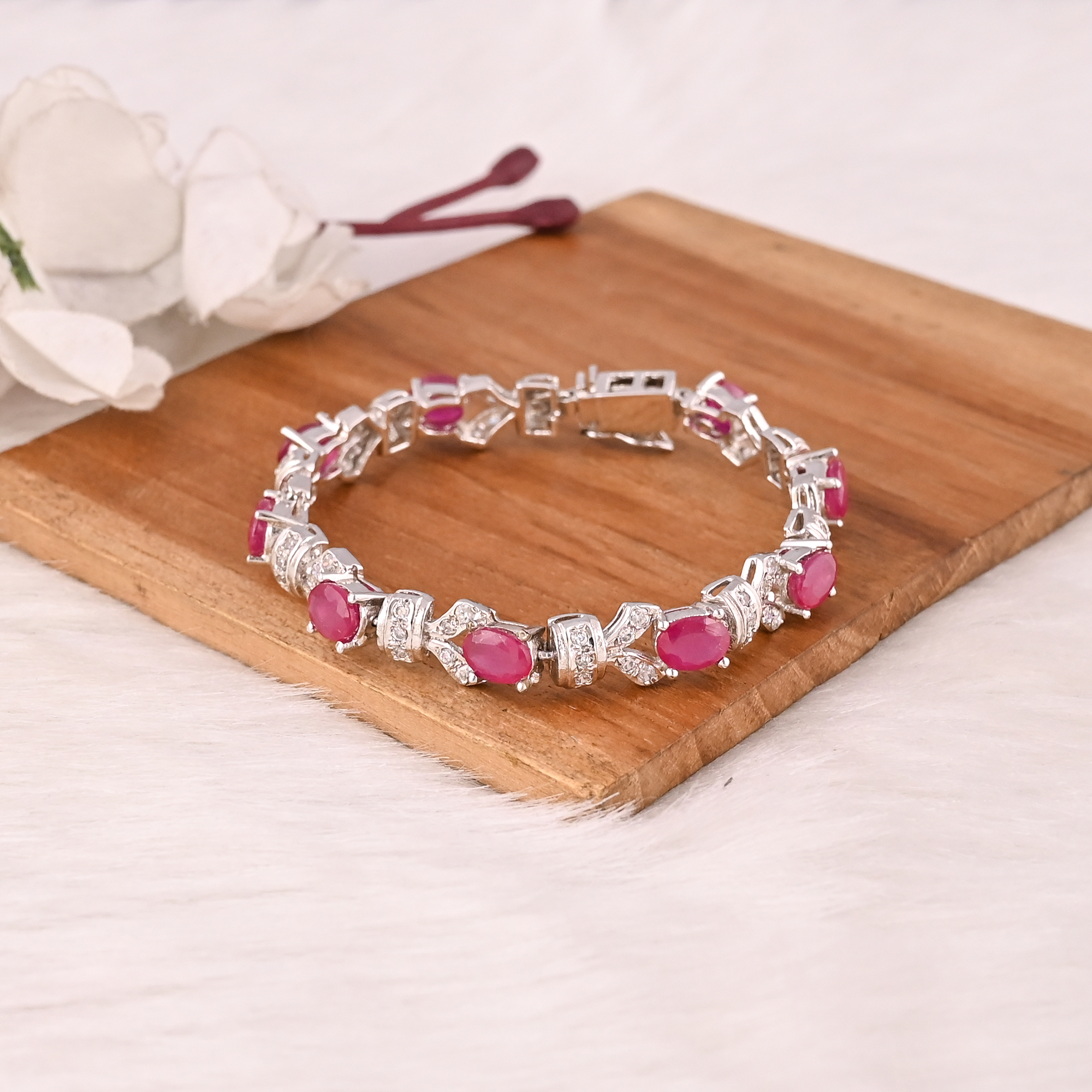 Elegant Glass Filled Ruby  CZ Bracelet in 925 Sterling Silver Handmade Luxury Fashion Jewelry for Unisex