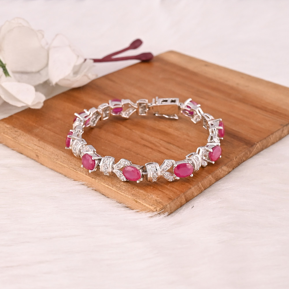 Image of Elegant Glass Filled Ruby &amp; CZ Bracelet in 925 Sterling Silver Handmade Luxury Fashion Jewelry for Unisex