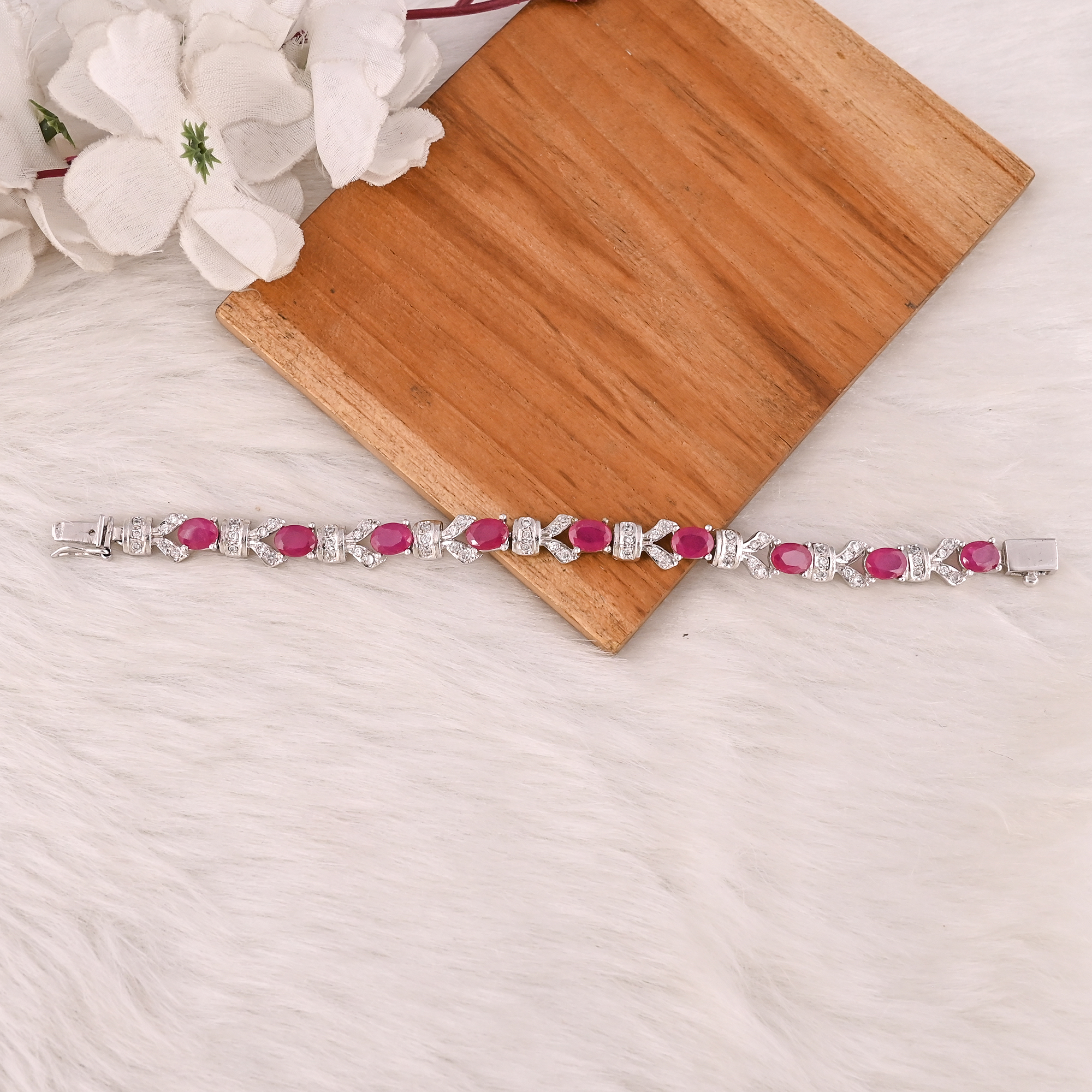 Elegant Glass Filled Ruby  CZ Bracelet in 925 Sterling Silver Handmade Luxury Fashion Jewelry for Unisex