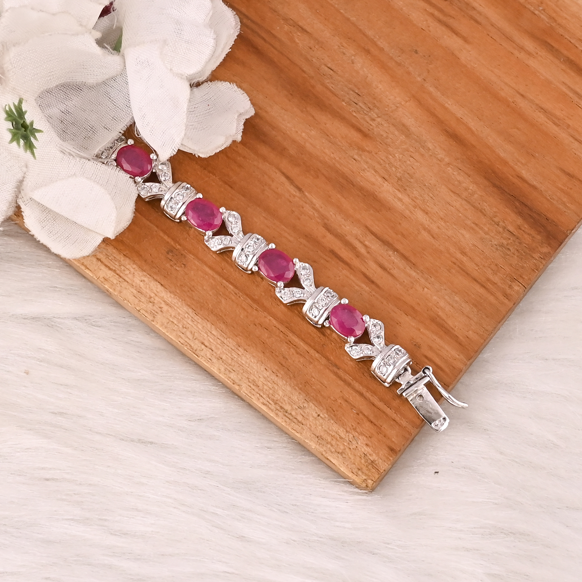 Elegant Glass Filled Ruby  CZ Bracelet in 925 Sterling Silver Handmade Luxury Fashion Jewelry for Unisex