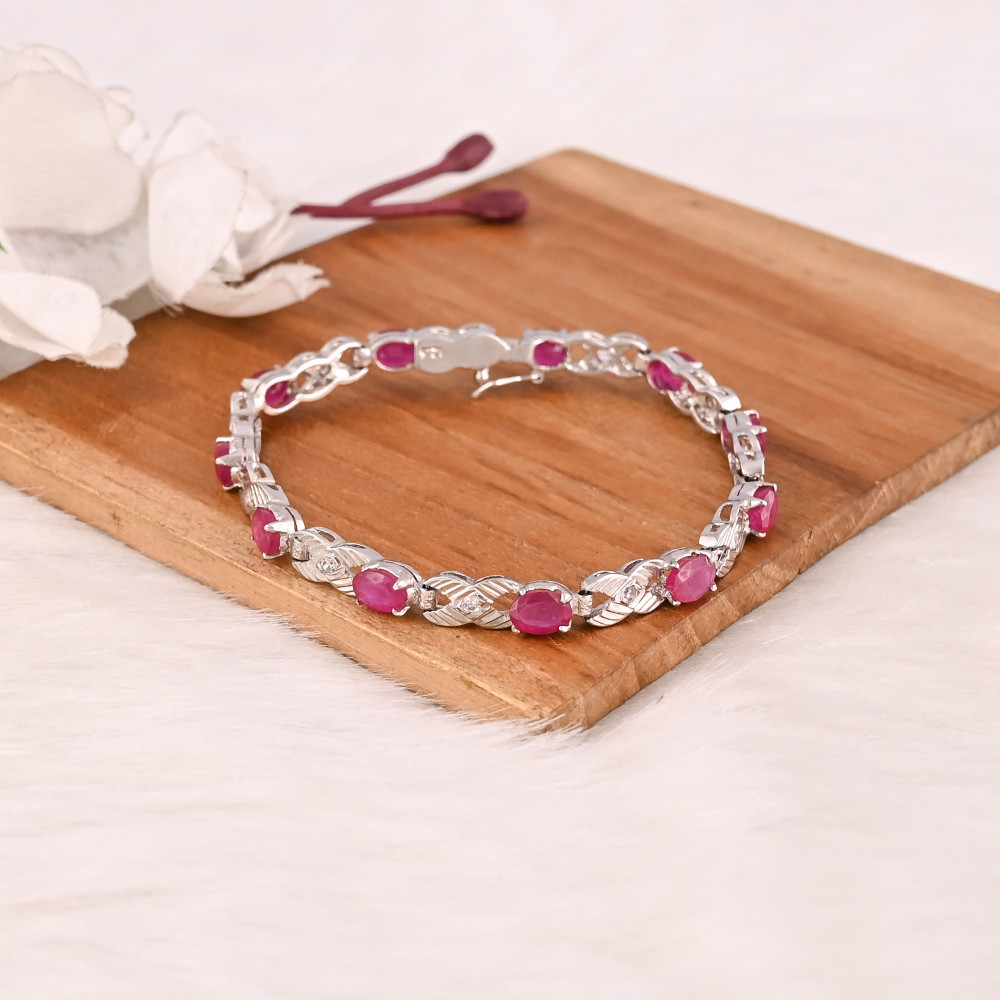 Image of Elegant Glass Filled Ruby &amp; CZ Bracelet in 925 Sterling Silver Handmade Luxury Fashion Jewelry for Unisex