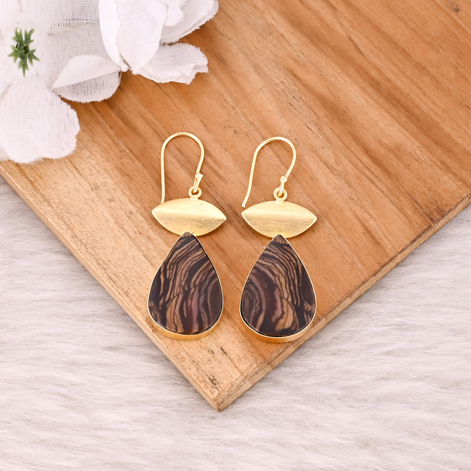 Malinga Jasper Gemstone Yellow Gold Plated Brass Earring Jewelry