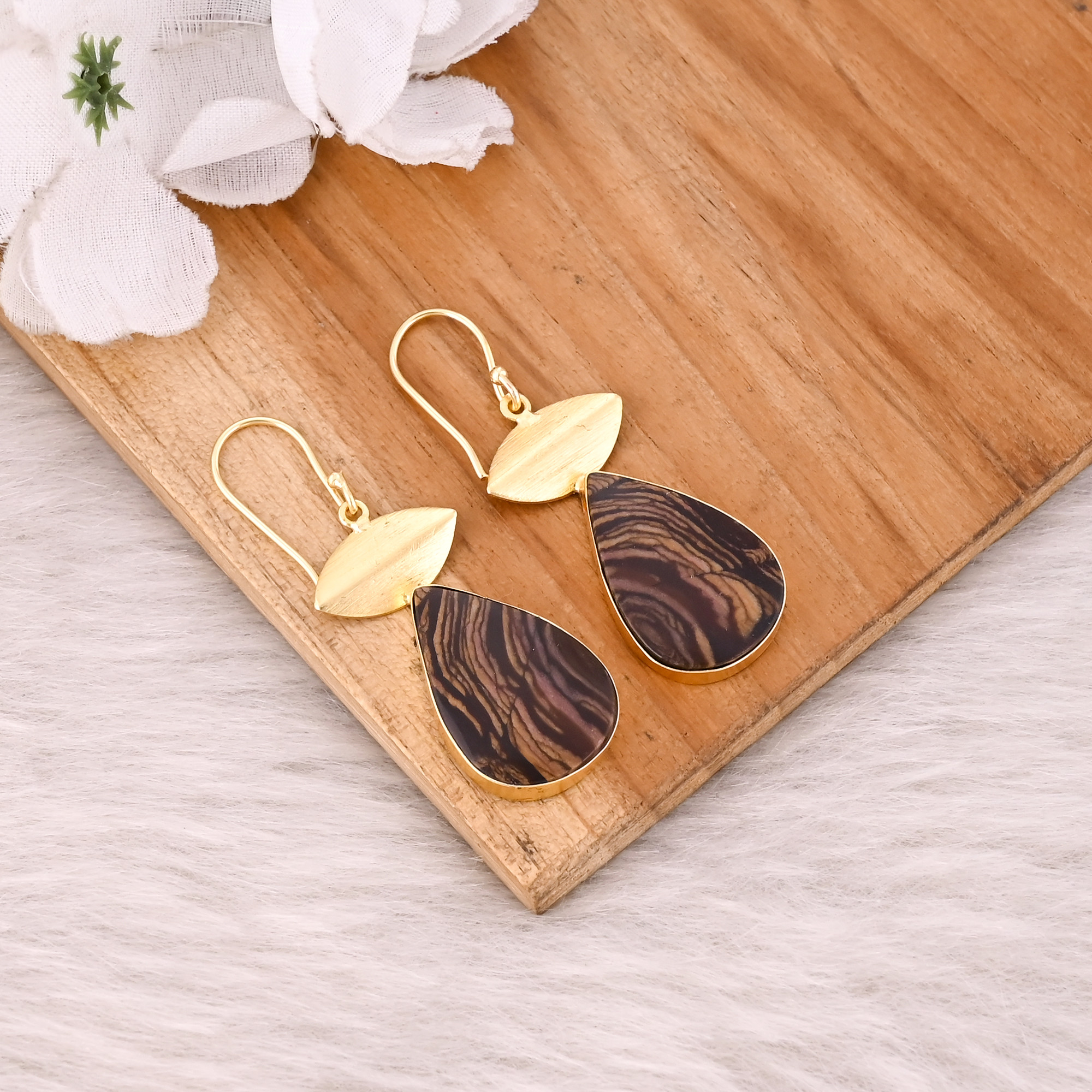Malinga Jasper Gemstone Yellow Gold Plated Brass Earring Jewelry