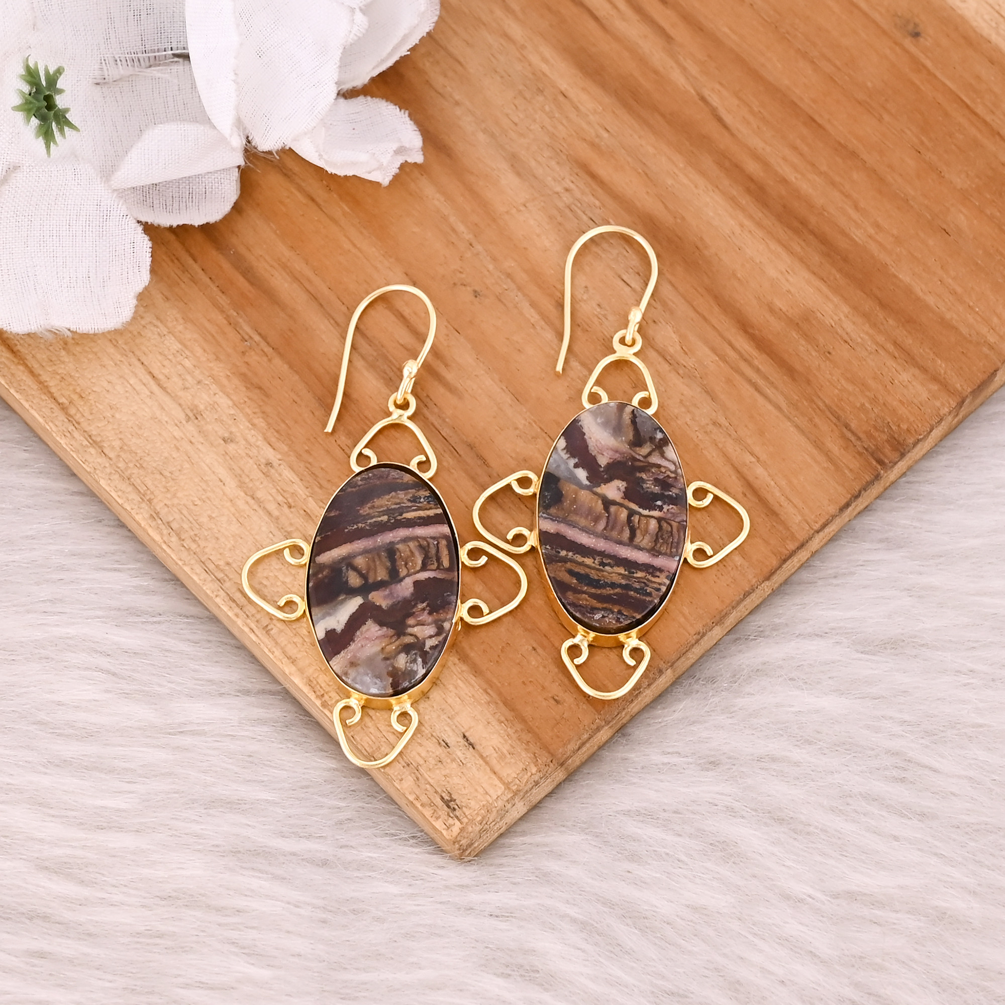 Malinga Jasper Gemstone Yellow Gold Plated Brass Handmade Designer Earring