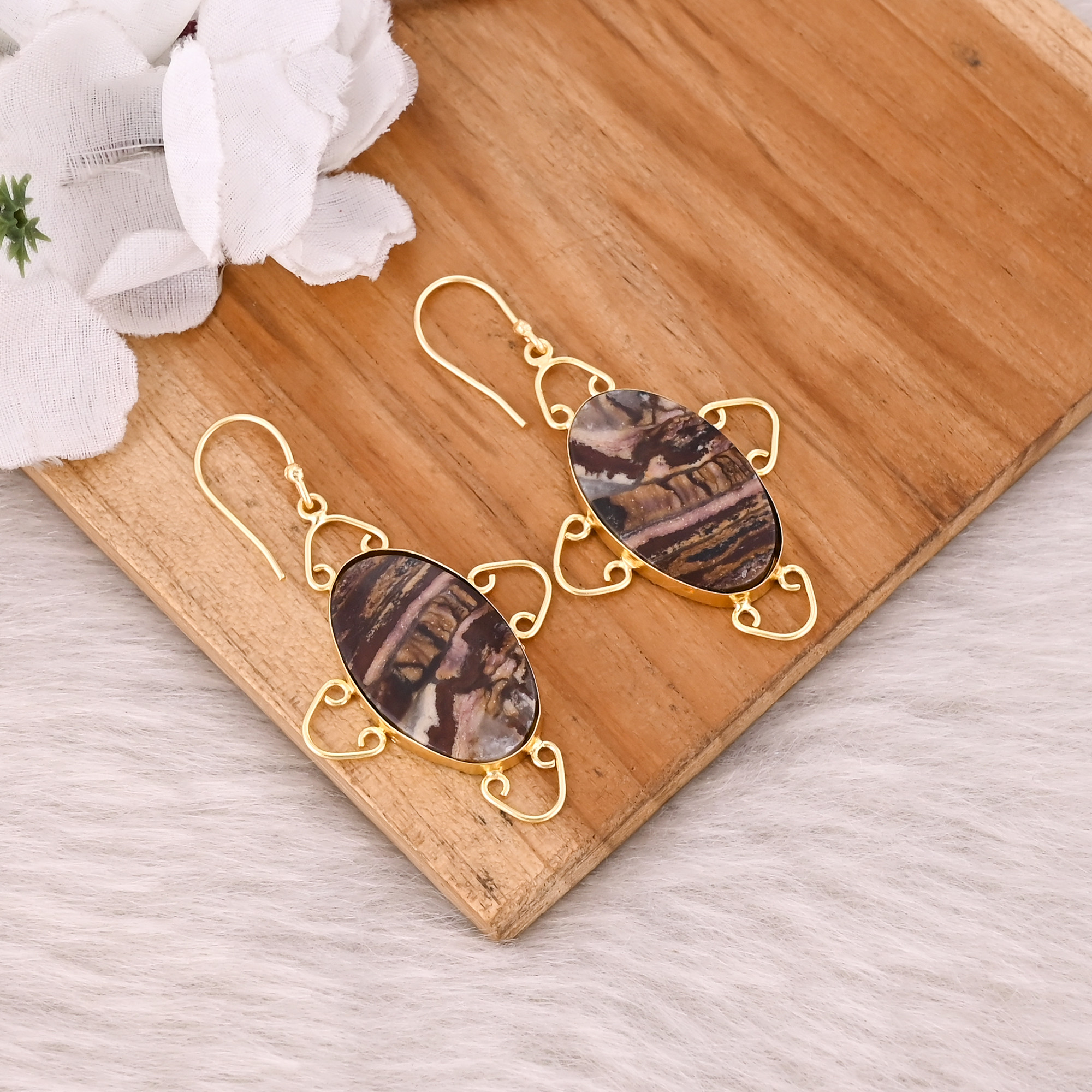 Malinga Jasper Gemstone Yellow Gold Plated Brass Handmade Designer Earring