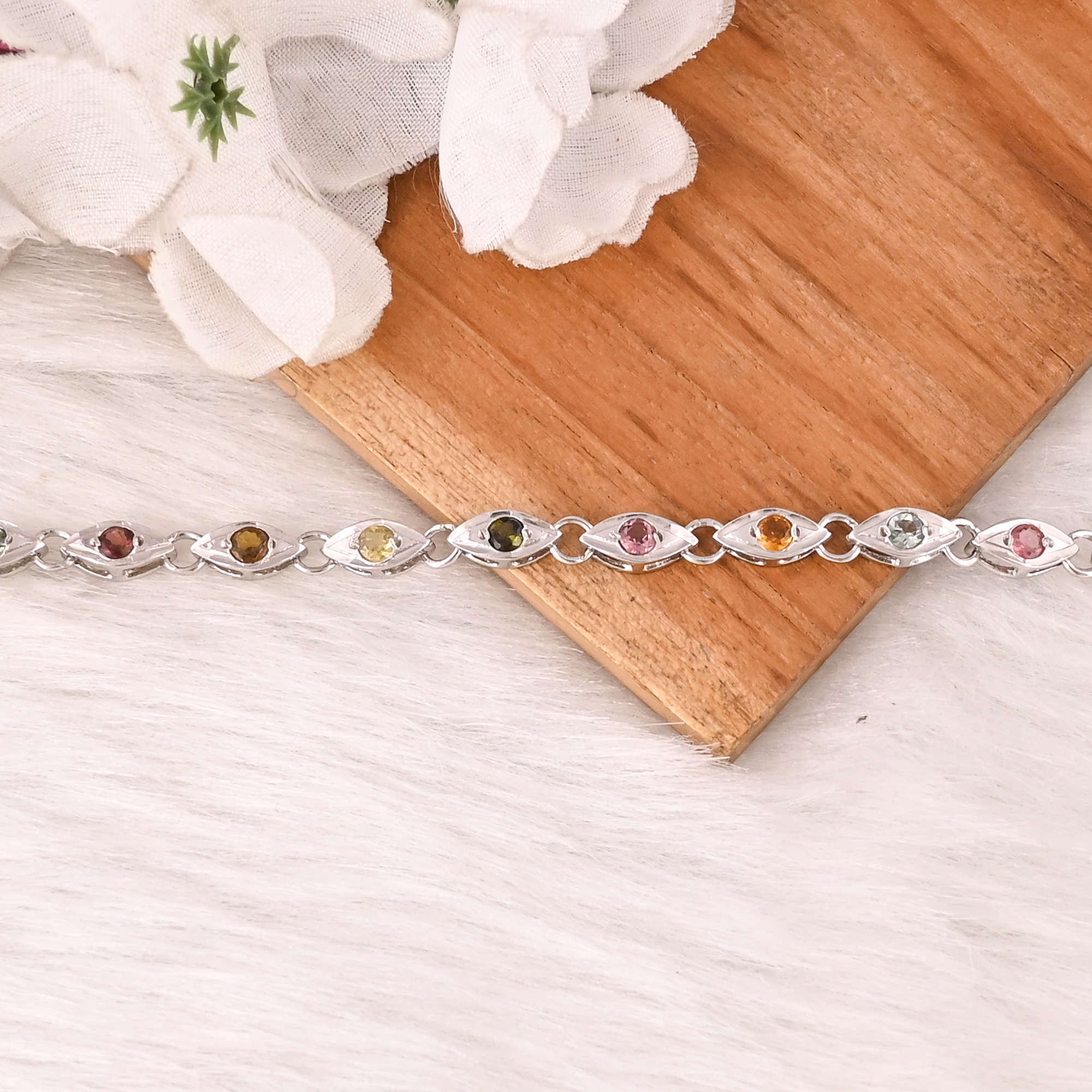 Natural Pink Tourmaline Citrine and Lemon Topaz Bracelet in 925 Sterling Silver