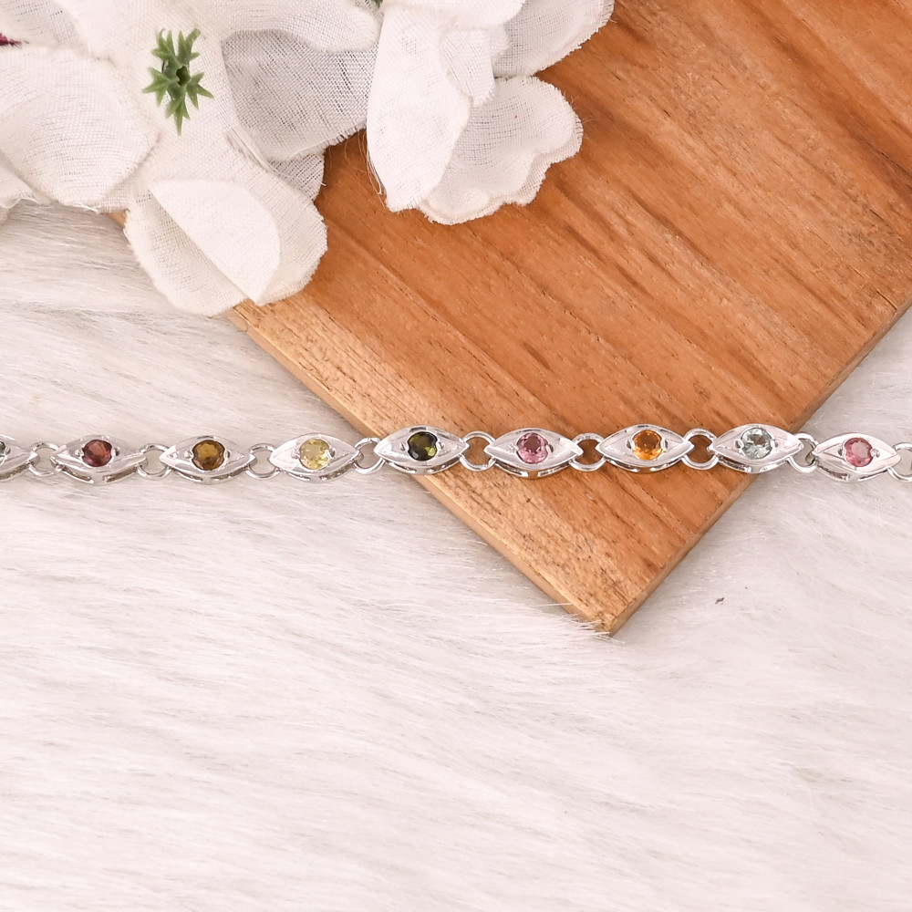 Image of Natural Pink Tourmaline, Citrine and Lemon Topaz Bracelet in 925 Sterling Silver