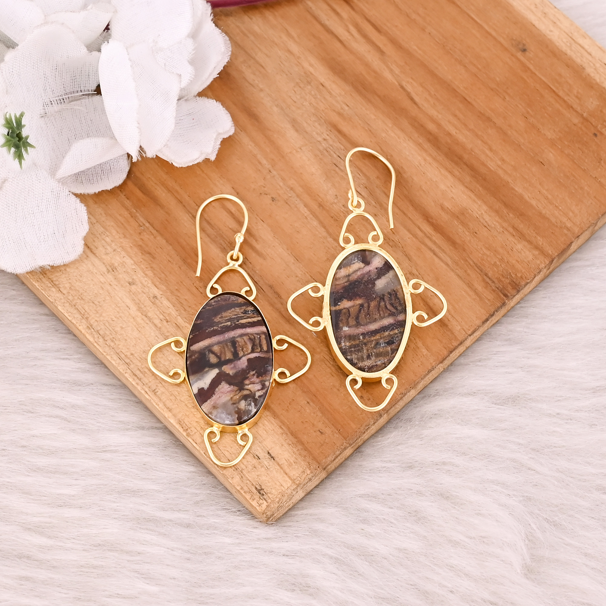 Malinga Jasper Gemstone Yellow Gold Plated Brass Handmade Designer Earring