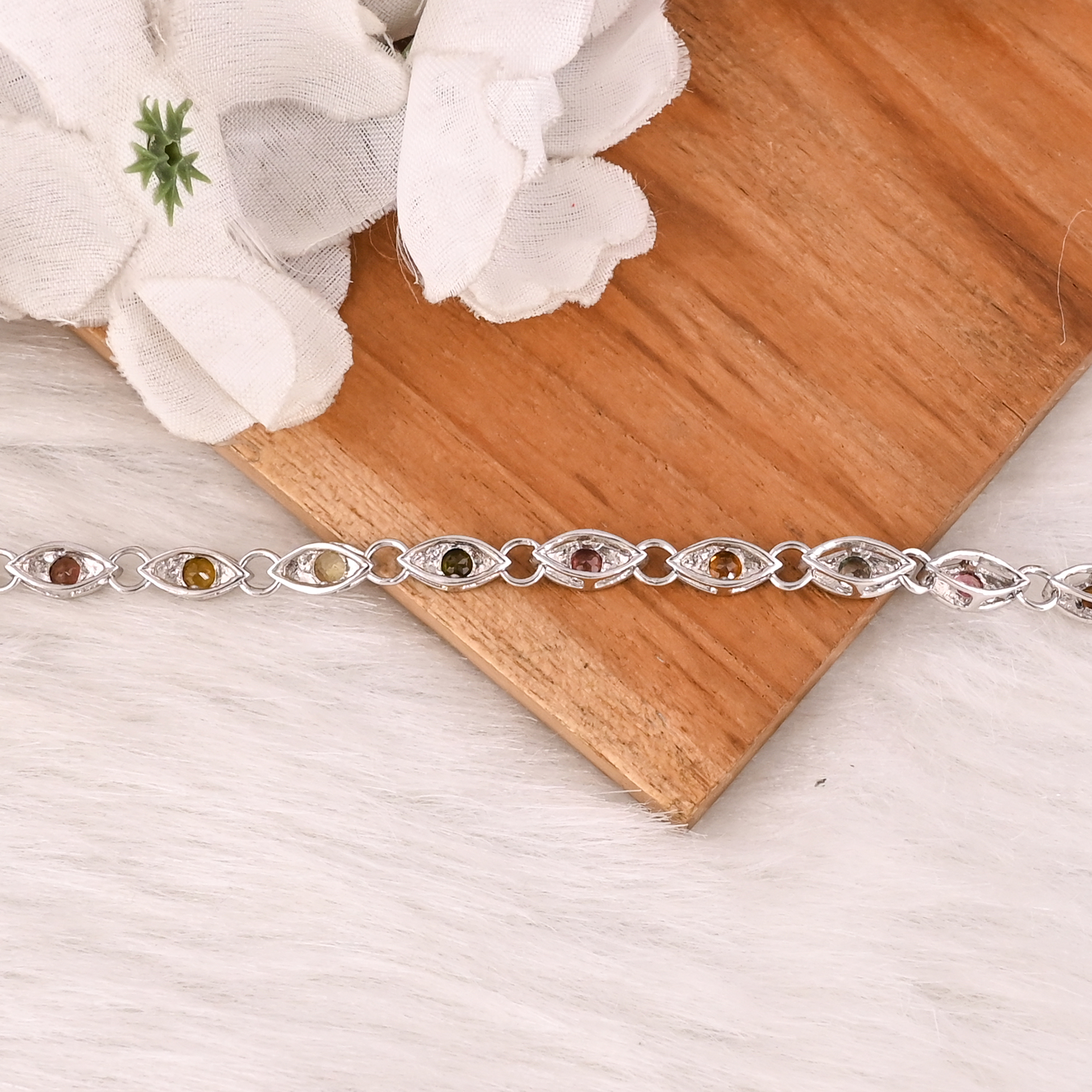 Natural Pink Tourmaline Citrine and Lemon Topaz Bracelet in 925 Sterling Silver
