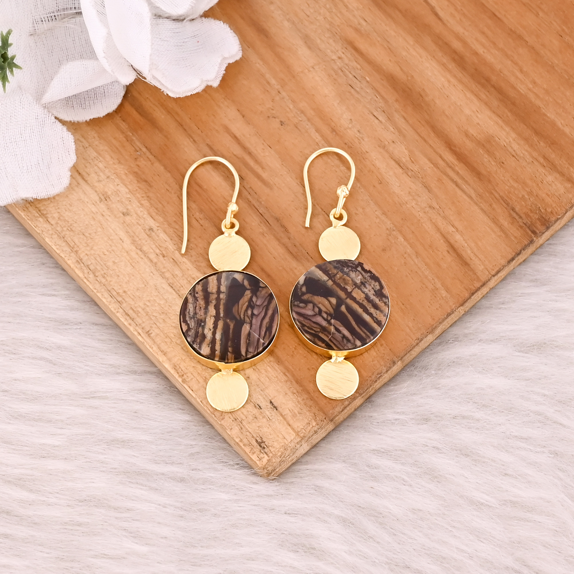 Malinga Jasper Round Gemstone Yellow Gold Plated Brass Earring Jewelry Handmade Designer Earring