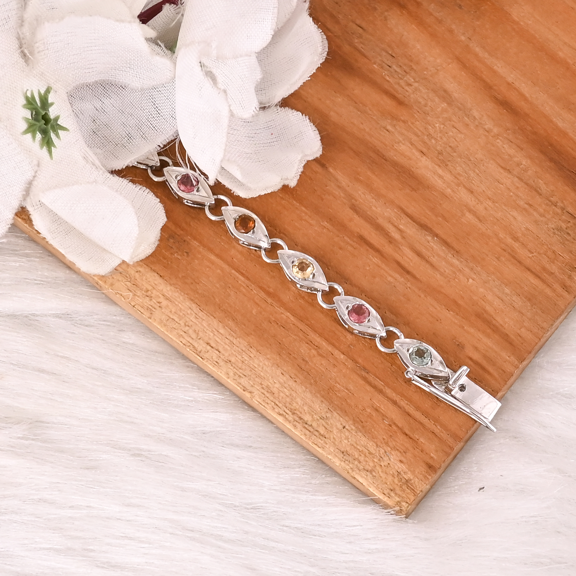 Natural Pink Tourmaline Citrine and Lemon Topaz Bracelet in 925 Sterling Silver