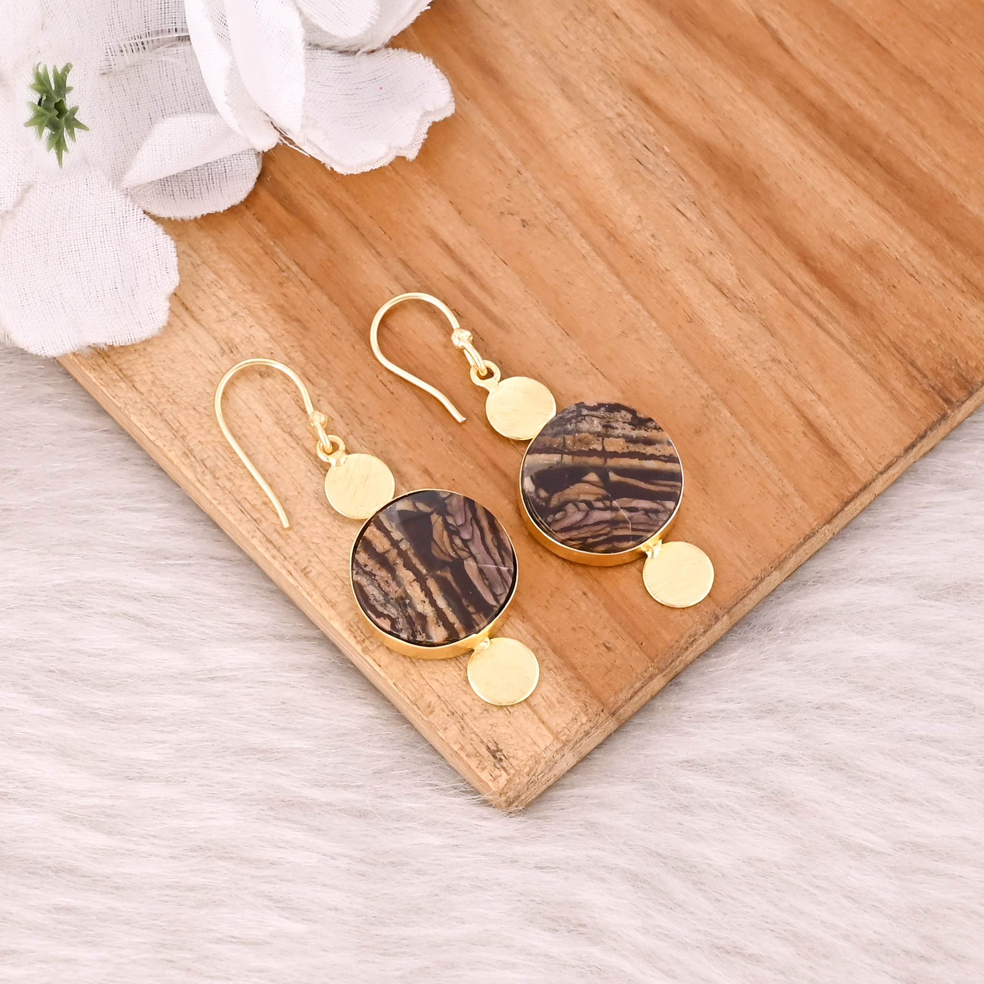 Malinga Jasper Round Gemstone Yellow Gold Plated Brass Earring Jewelry Handmade Designer Earring