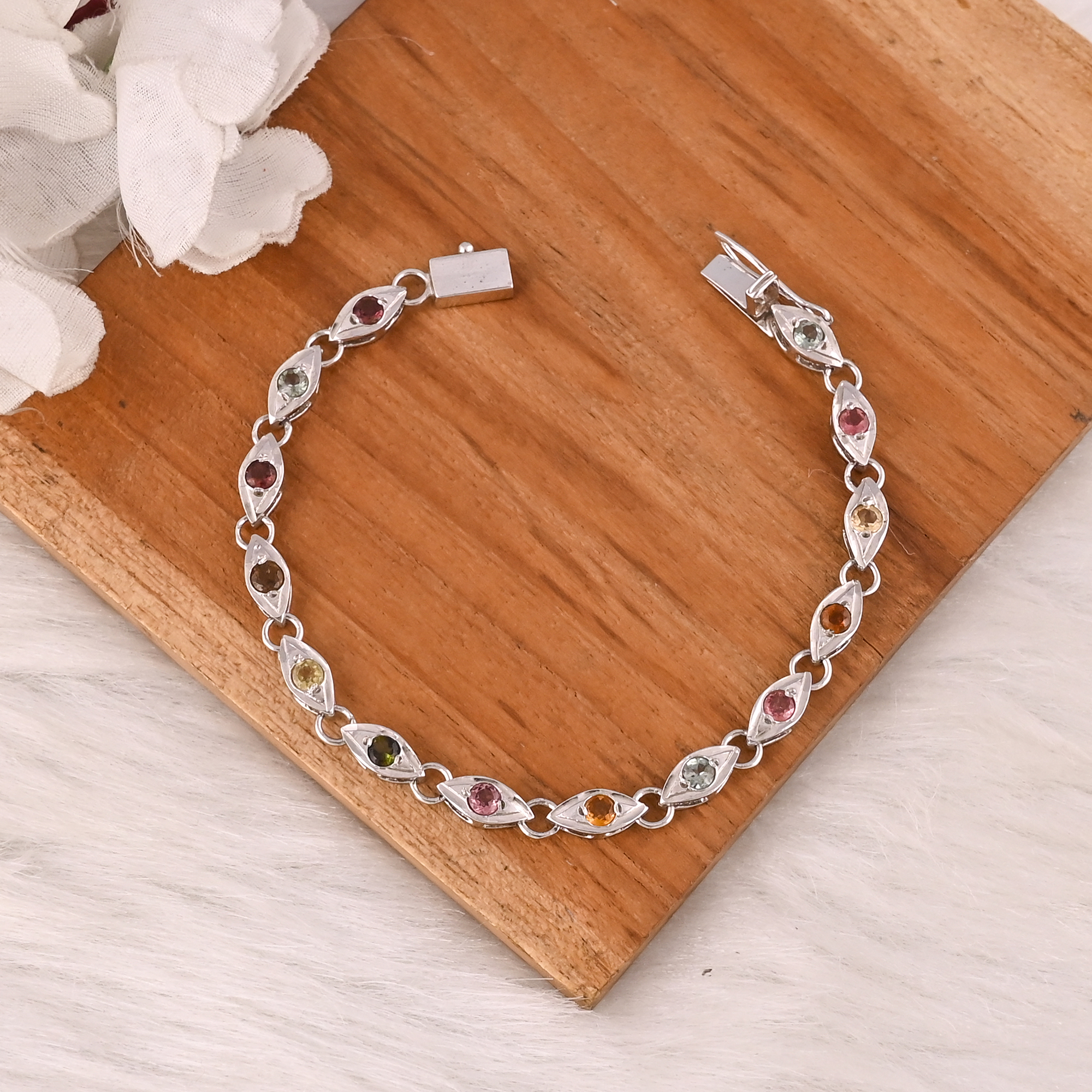 Natural Pink Tourmaline Citrine and Lemon Topaz Bracelet in 925 Sterling Silver