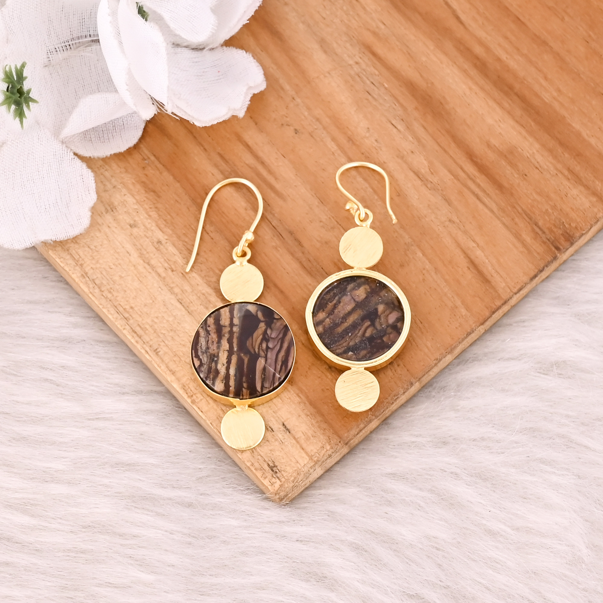 Malinga Jasper Round Gemstone Yellow Gold Plated Brass Earring Jewelry Handmade Designer Earring
