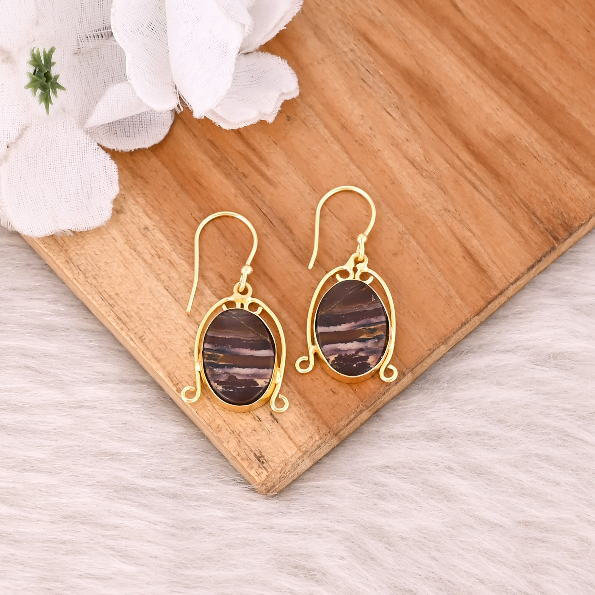 Malinga Jasper Gemstone Boho Designer Brass Yellow Gold Plated Dangle Earring