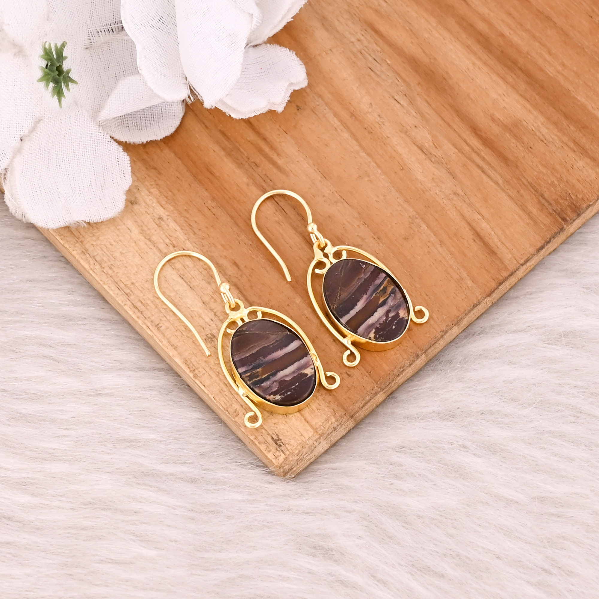 Malinga Jasper Gemstone Boho Designer Brass Yellow Gold Plated Dangle Earring