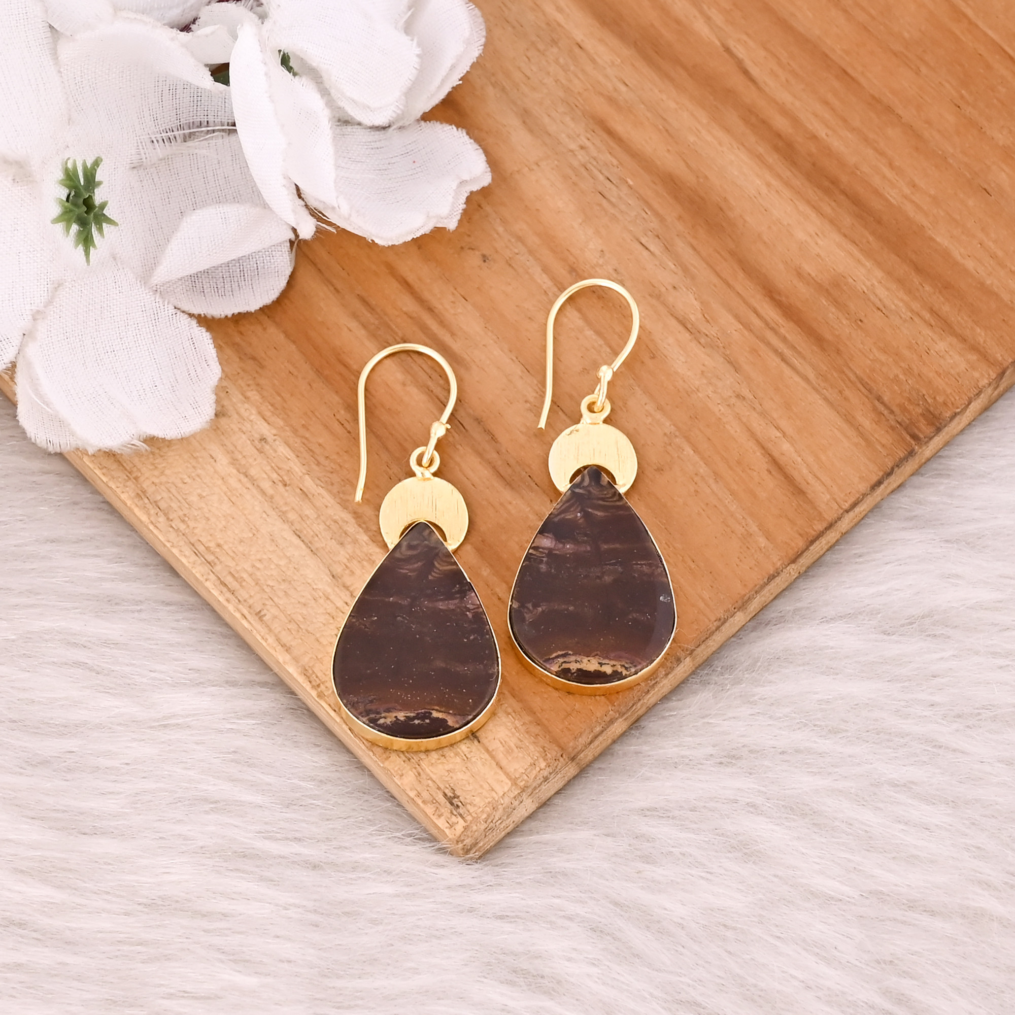 Malinga Jasper Gemstone Handmade Brass Yellow Gold Plated Pear Shape Dangler Earring Charm Jewelry
