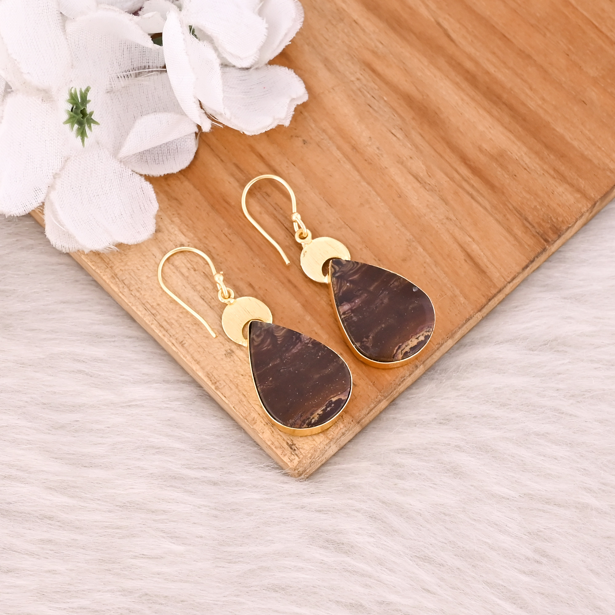 Malinga Jasper Gemstone Handmade Brass Yellow Gold Plated Pear Shape Dangler Earring Charm Jewelry