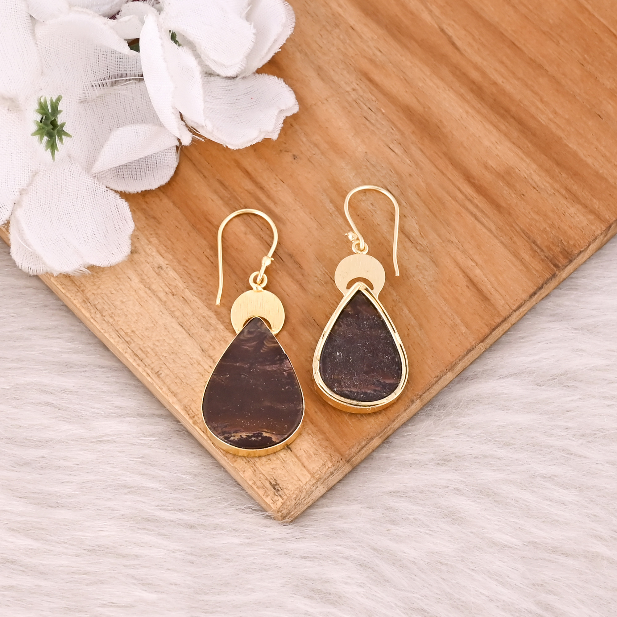 Malinga Jasper Gemstone Handmade Brass Yellow Gold Plated Pear Shape Dangler Earring Charm Jewelry