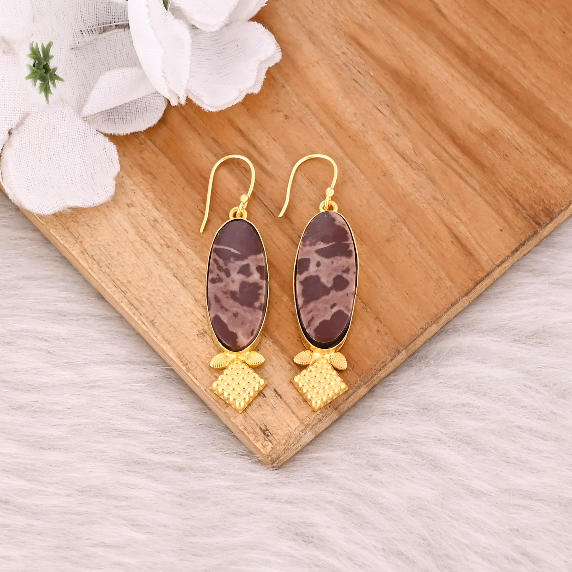 Yellow Gold Plated Brass Malinga Jasper Handmade Designer Women Dangler Earring