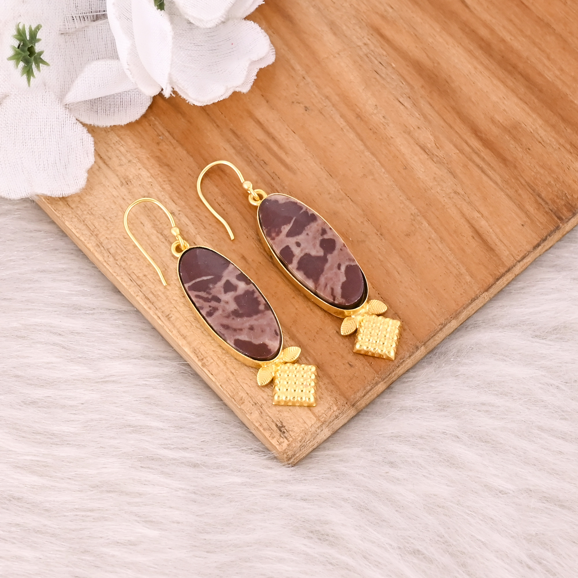 Yellow Gold Plated Brass Malinga Jasper Handmade Designer Women Dangler Earring